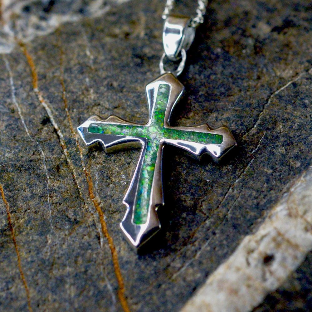 Opals & Ashes Decorative Cross Unisex Memorial Pendant Silver. Ashes blended with Spring Green Opals.