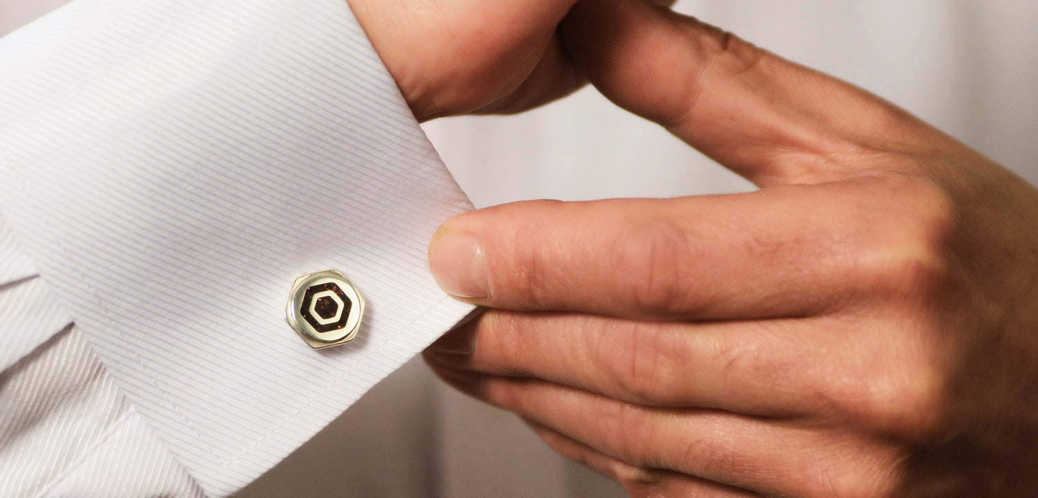 Opals & Ashes Hexagonal Cufflinks Silver. Modelled on Male. Ashes blended with Black Fire Opals.