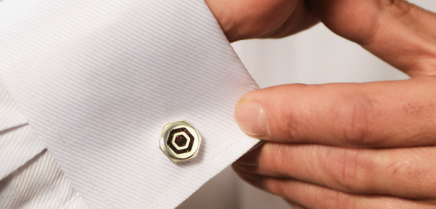 Opals & Ashes Hexagonal Cufflinks Silver. Modelled on Male. Ashes blended with Black Fire Opals.