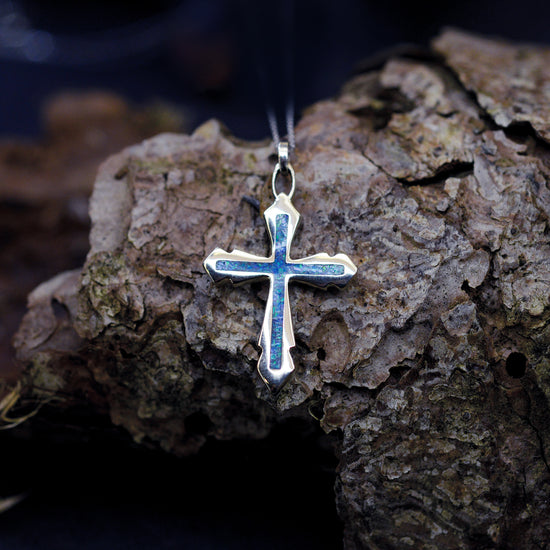 Opals & Ashes Decorative Cross Memorial Pendant. 9ct Yellow Gold & Pacific Blue opals blended with our customers loved one’s ashes