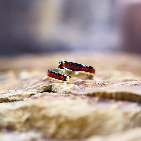 Opals & Ashes Spiral Memorial Ring. 9ct Yellow Gold & Ruby Red opals blended with our customers loved one’s ashes