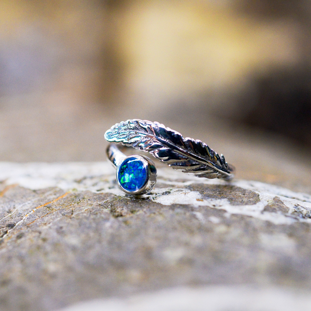 Opals & Ashes Angel Feather Memorial Ring Silver. Ashes blended with Pacific Blue Opals.