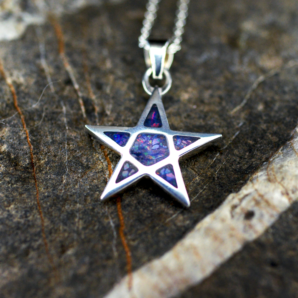 Opals & Ashes Five Star Memorial Pendant Silver. Ashes blended with Royal Blue Opals.