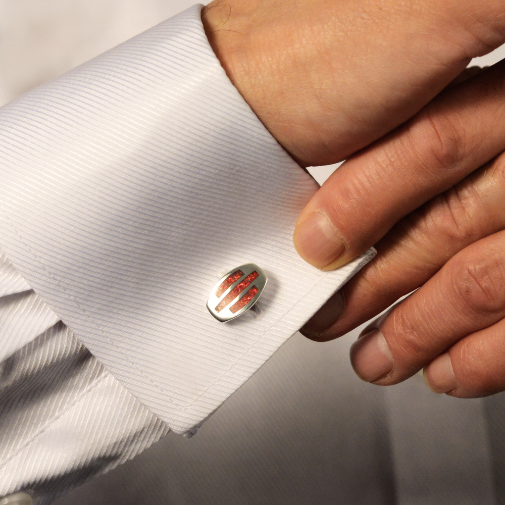 Opals & Ashes Trinity Cufflinks Silver. Modelled on male. Ashes blended with Ruby Red Opals.