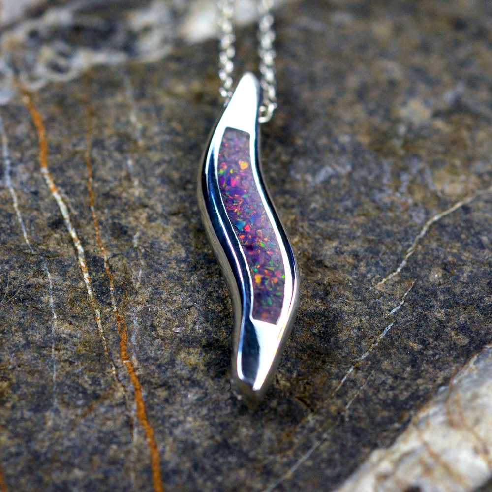 Opals & Ashes Wave Memorial Pendant Silver. Ashes blended with Lavender Opals.