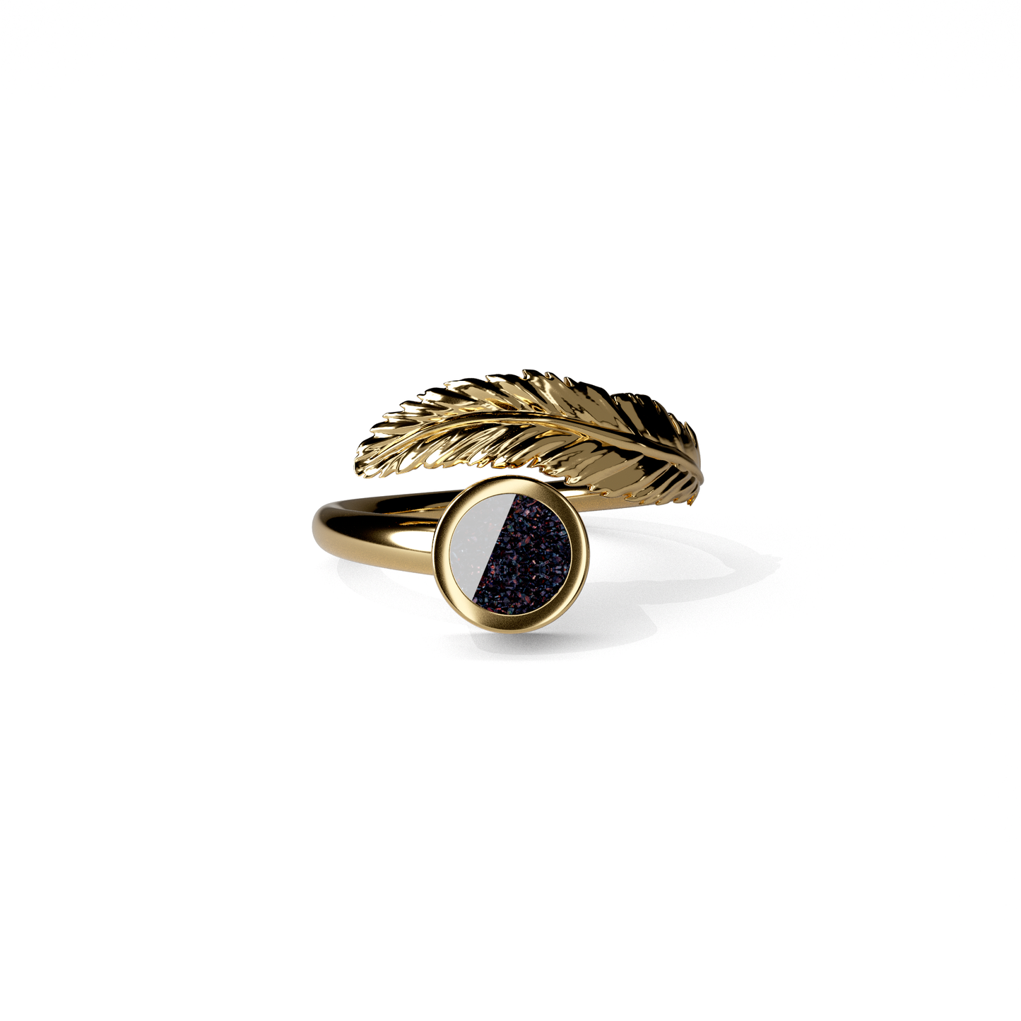 Opals & Ashes Angel Feather Memorial Ring 9ct Yellow Gold. Ashes blended with Black Fire Opals.