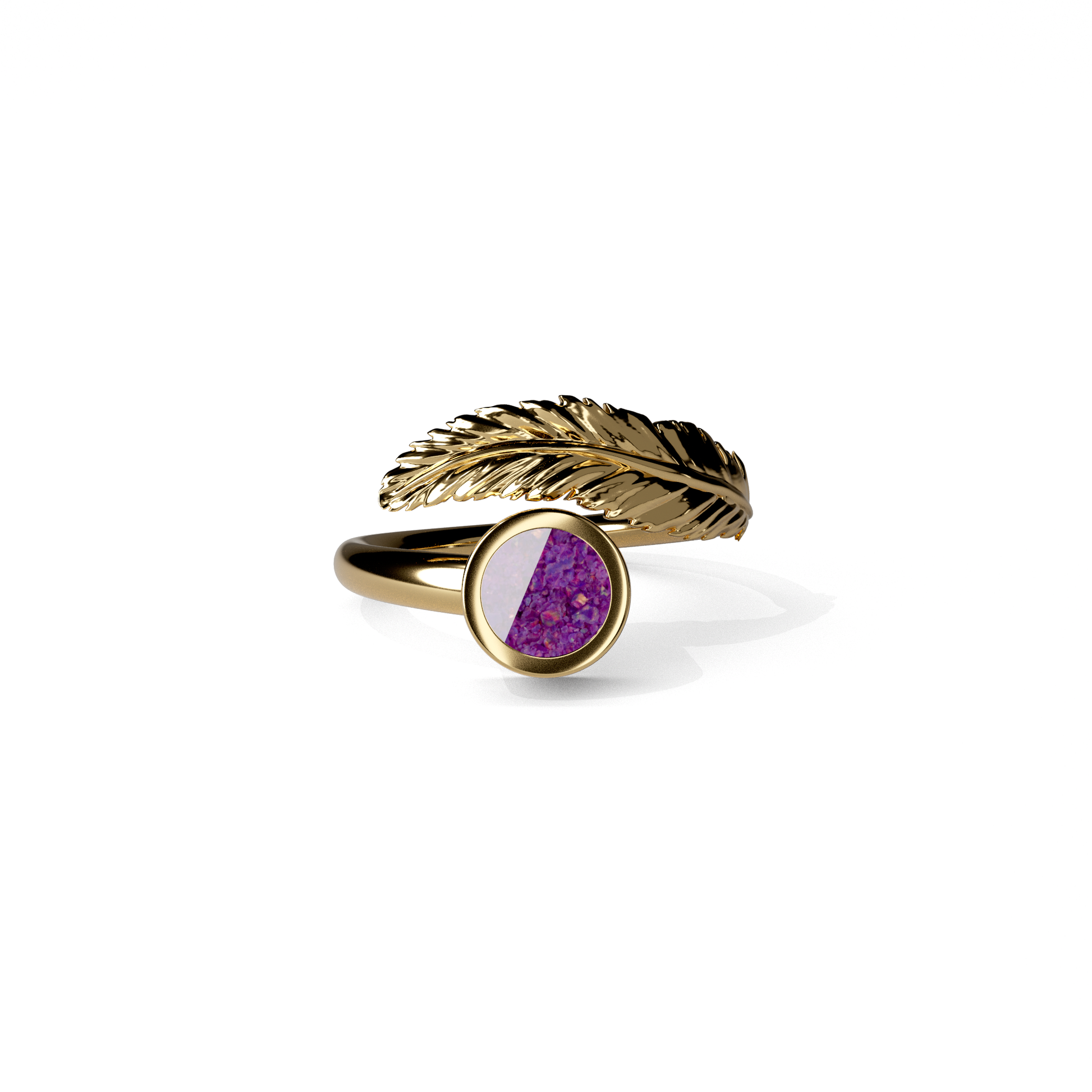 Opals & Ashes Angel Feather Memorial Ring 9ct Yellow Gold. Ashes blended with Lavender Opals.