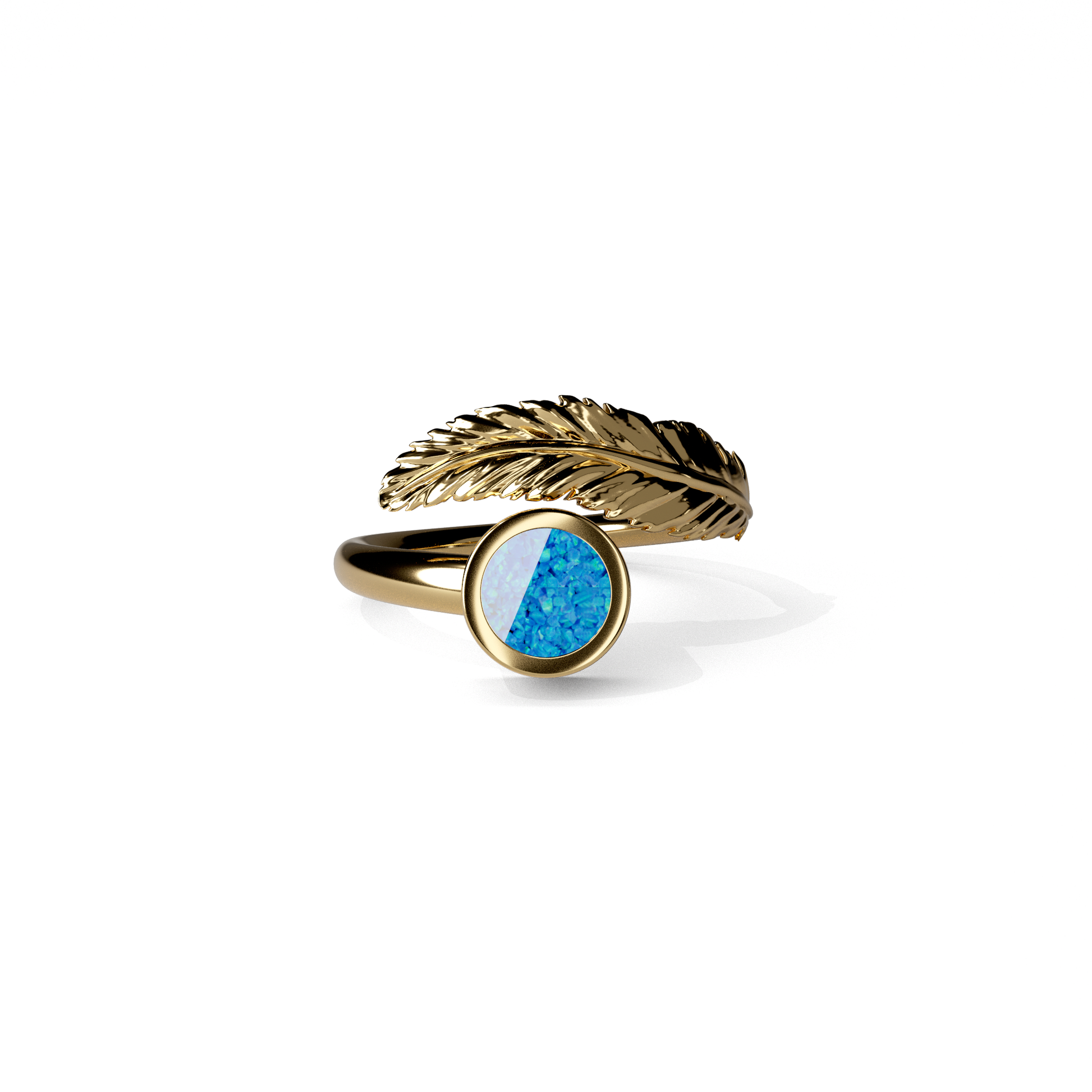 Opals & Ashes Angel Feather Memorial Ring 9ct Yellow Gold. Ashes blended with Pacific Blue Opals.