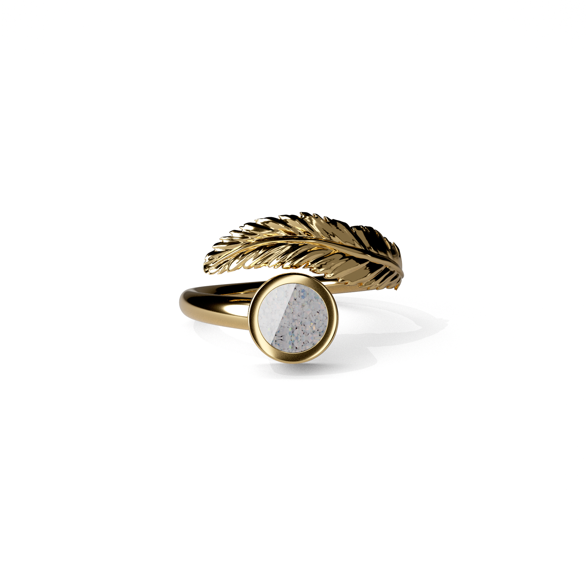 Opals & Ashes Angel Feather Memorial Ring 9ct Yellow Gold. Ashes blended with Pearl White Opals.