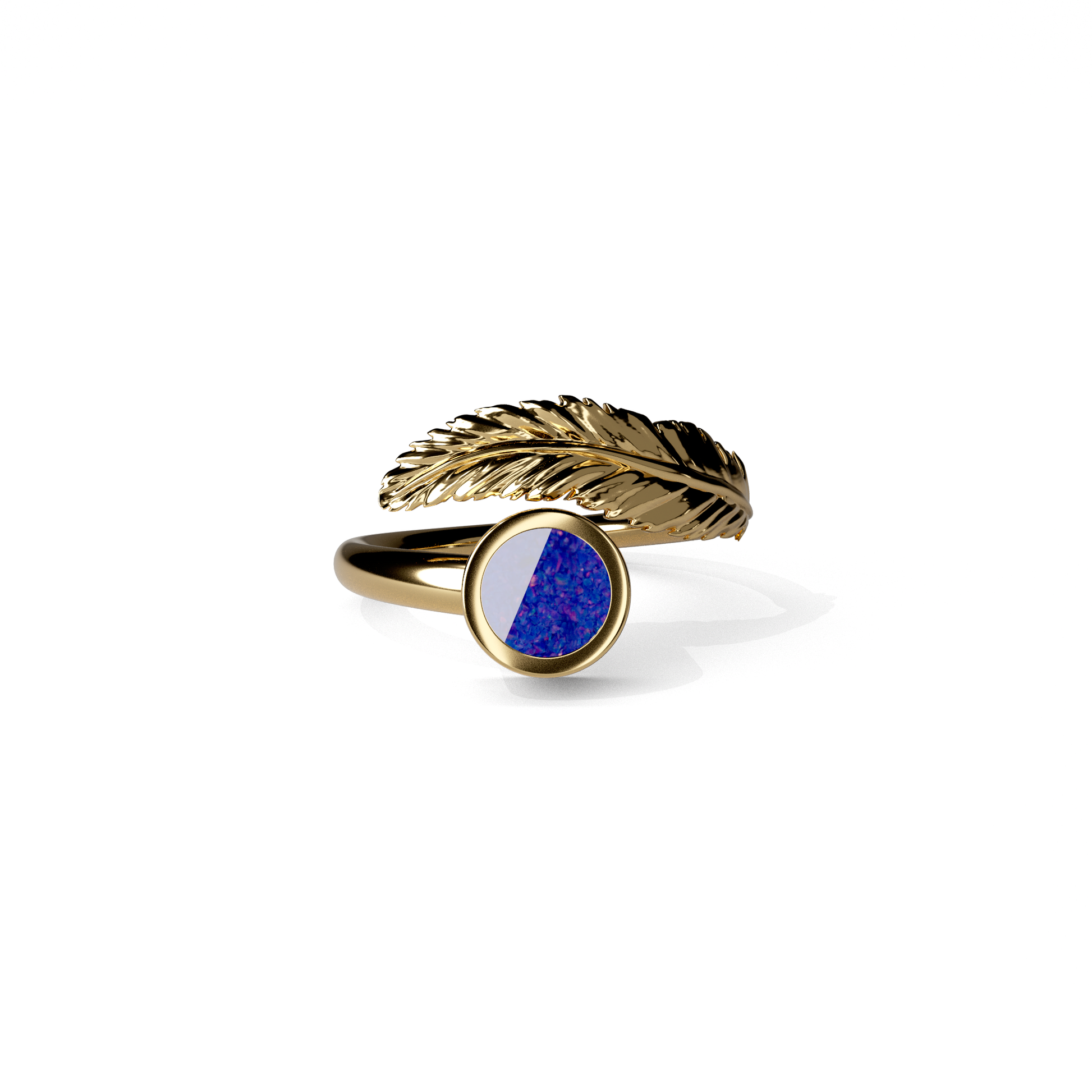 Opals & Ashes Angel Feather Memorial Ring 9ct Yellow Gold. Ashes blended with Royal Blue Opals.