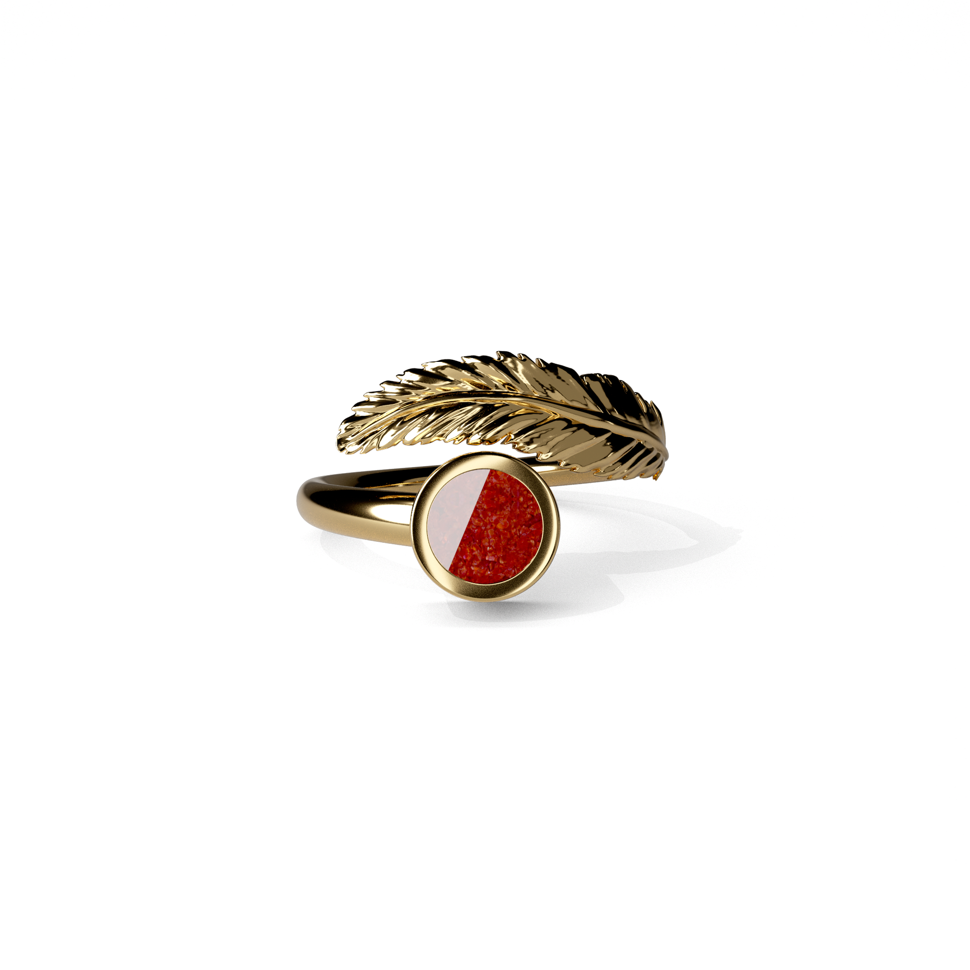 Opals & Ashes Angel Feather Memorial Ring 9ct Yellow Gold. Ashes blended with Ruby Red Opals.