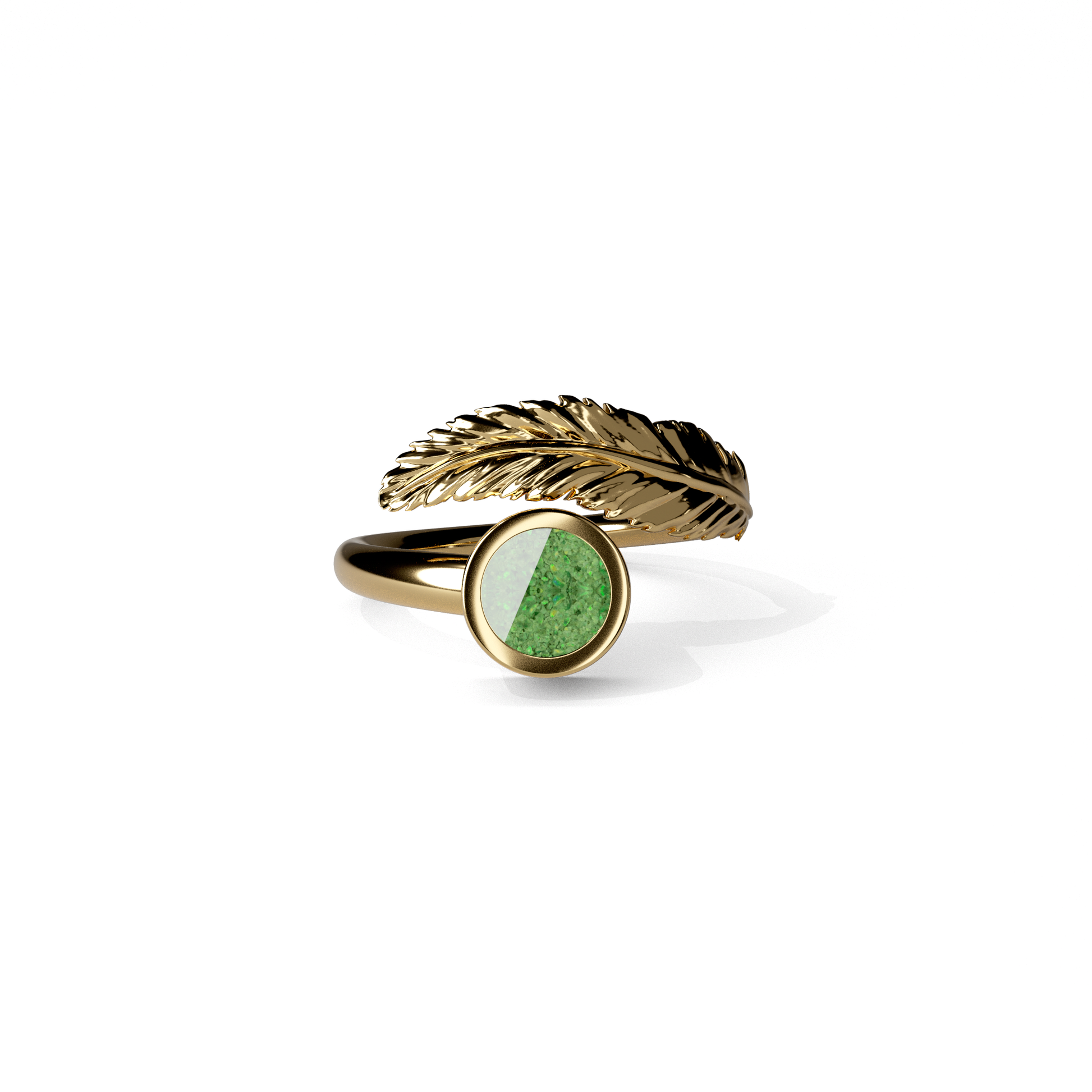 Opals & Ashes Angel Feather Memorial Ring 9ct Yellow Gold. Ashes blended with Spring Green Opals.