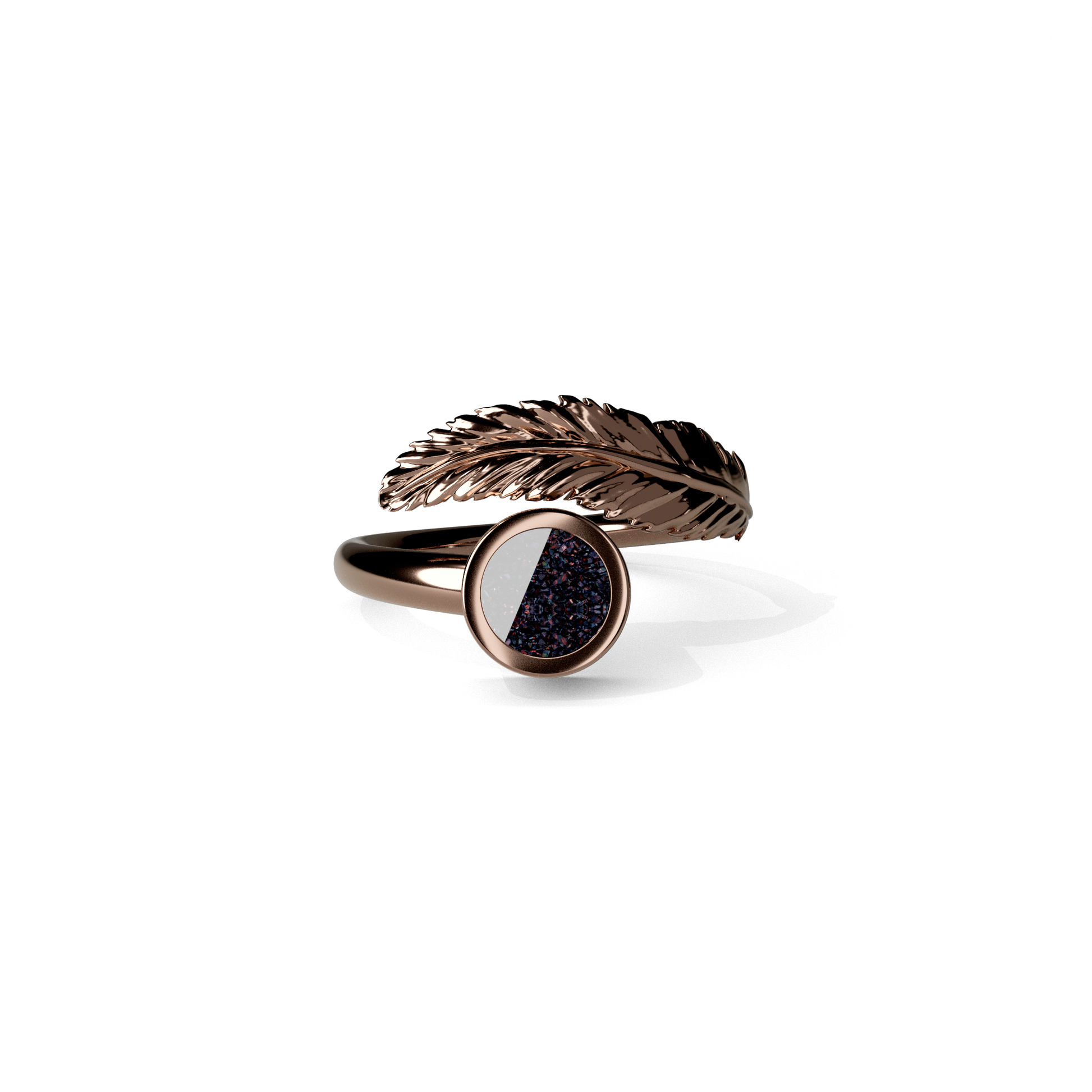 Opals & Ashes Angel Feather Memorial Ring 9ct Rose Gold. Ashes blended with Black Fire Opals.