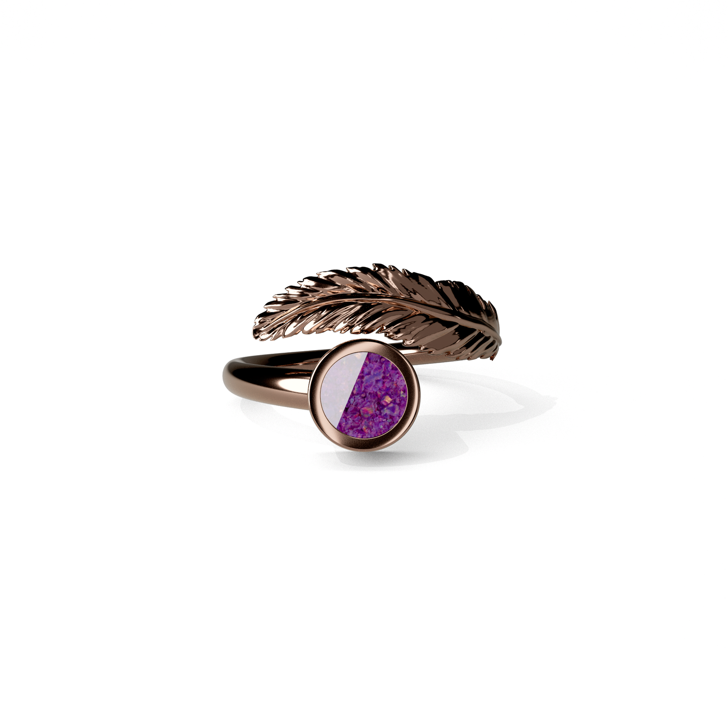 Opals & Ashes Angel Feather Memorial Ring 9ct Rose Gold. Ashes blended with Lavender Opals.