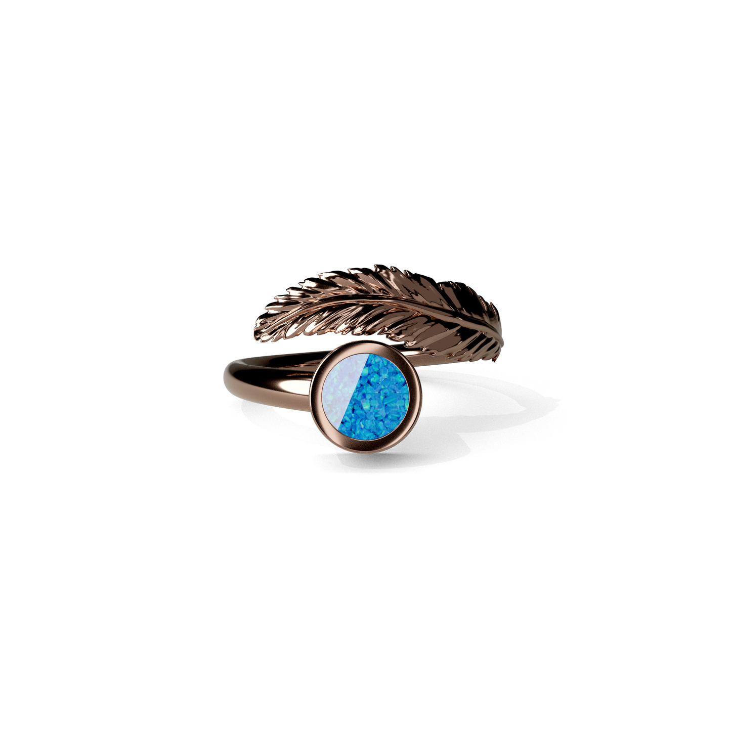 Opals & Ashes Angel Feather Memorial Ring 9ct Rose Gold. Ashes blended with Pacific Blue Opals.