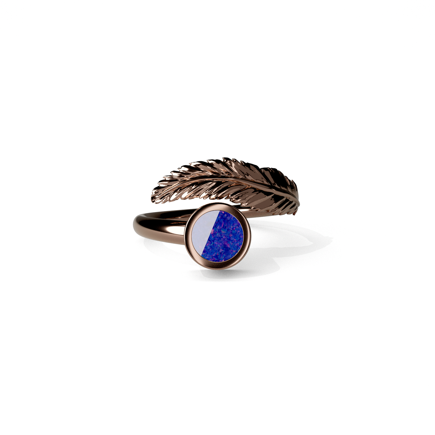 Opals & Ashes Angel Feather Memorial Ring 9ct Rose Gold. Ashes blended with Royal Blue Opals.