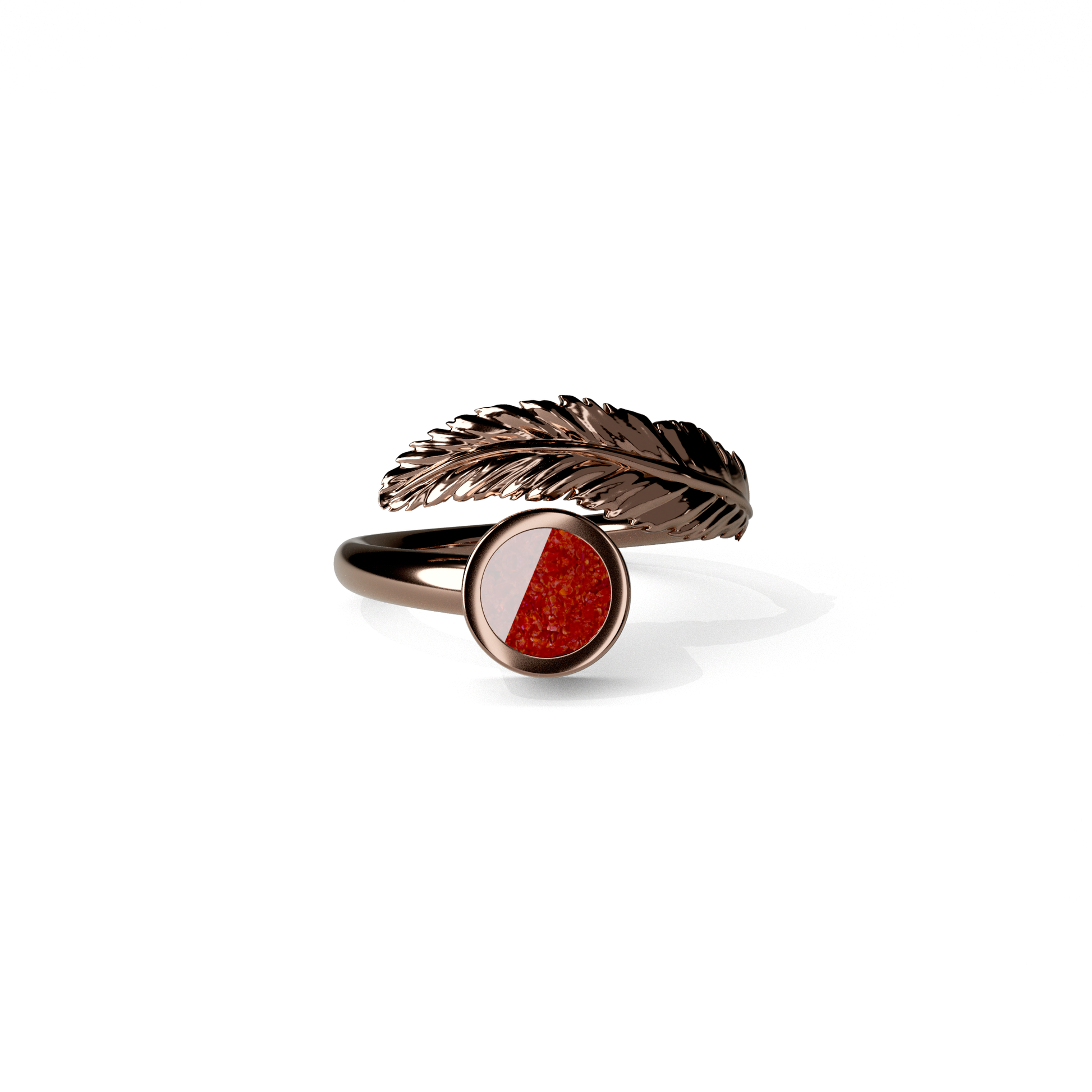 Opals & Ashes Angel Feather Memorial Ring 9ct Rose Gold. Ashes blended with Ruby Red Opals.