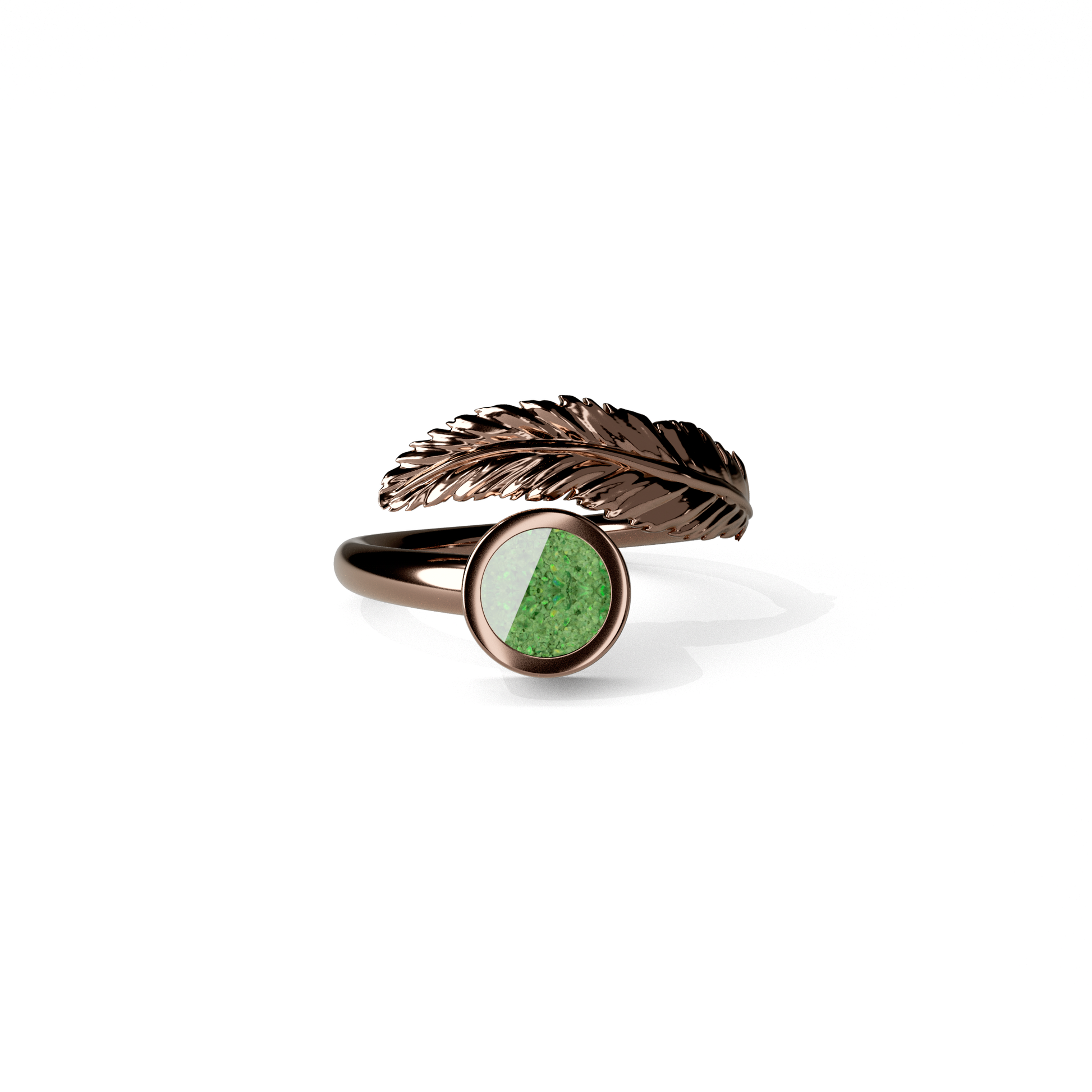 Opals & Ashes Angel Feather Memorial Ring 9ct Rose Gold. Ashes blended with Spring Green Opals.