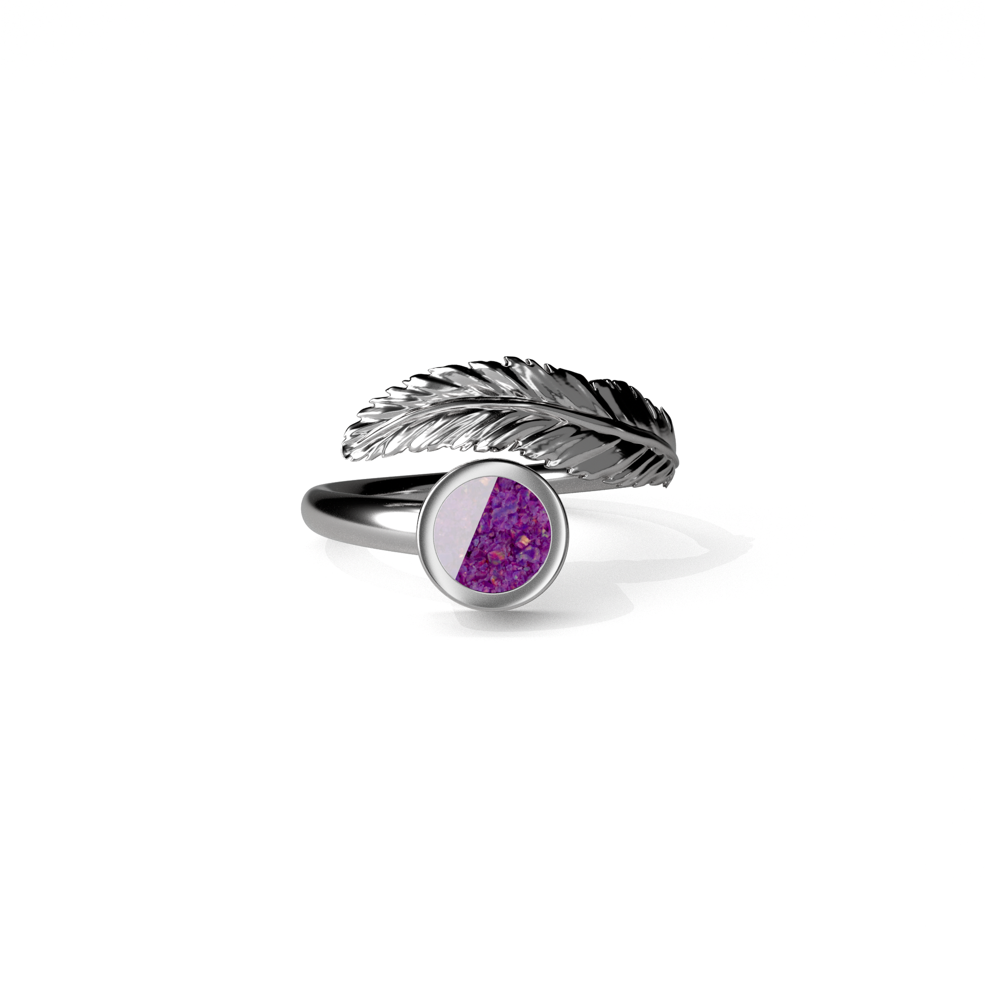 Opals & Ashes Angel Feather Memorial Ring Silver. Ashes blended with Lavender Opals.