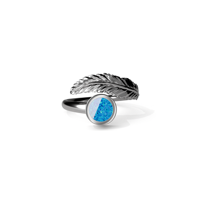 Opals & Ashes Angel Feather Memorial Ring Silver. Ashes blended with Pacific Blue Opals.