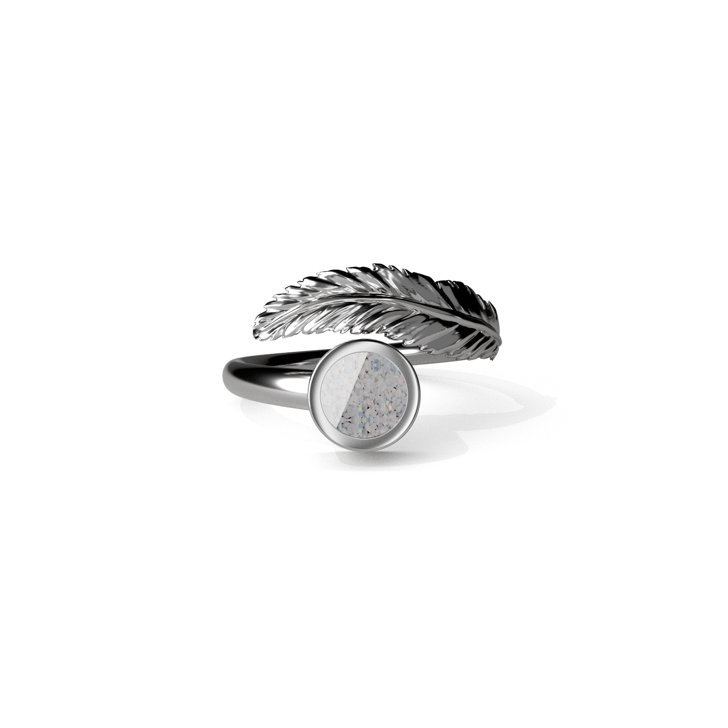 Opals & Ashes Angel Feather Memorial Ring Silver. Ashes blended with Pearl White Opals.