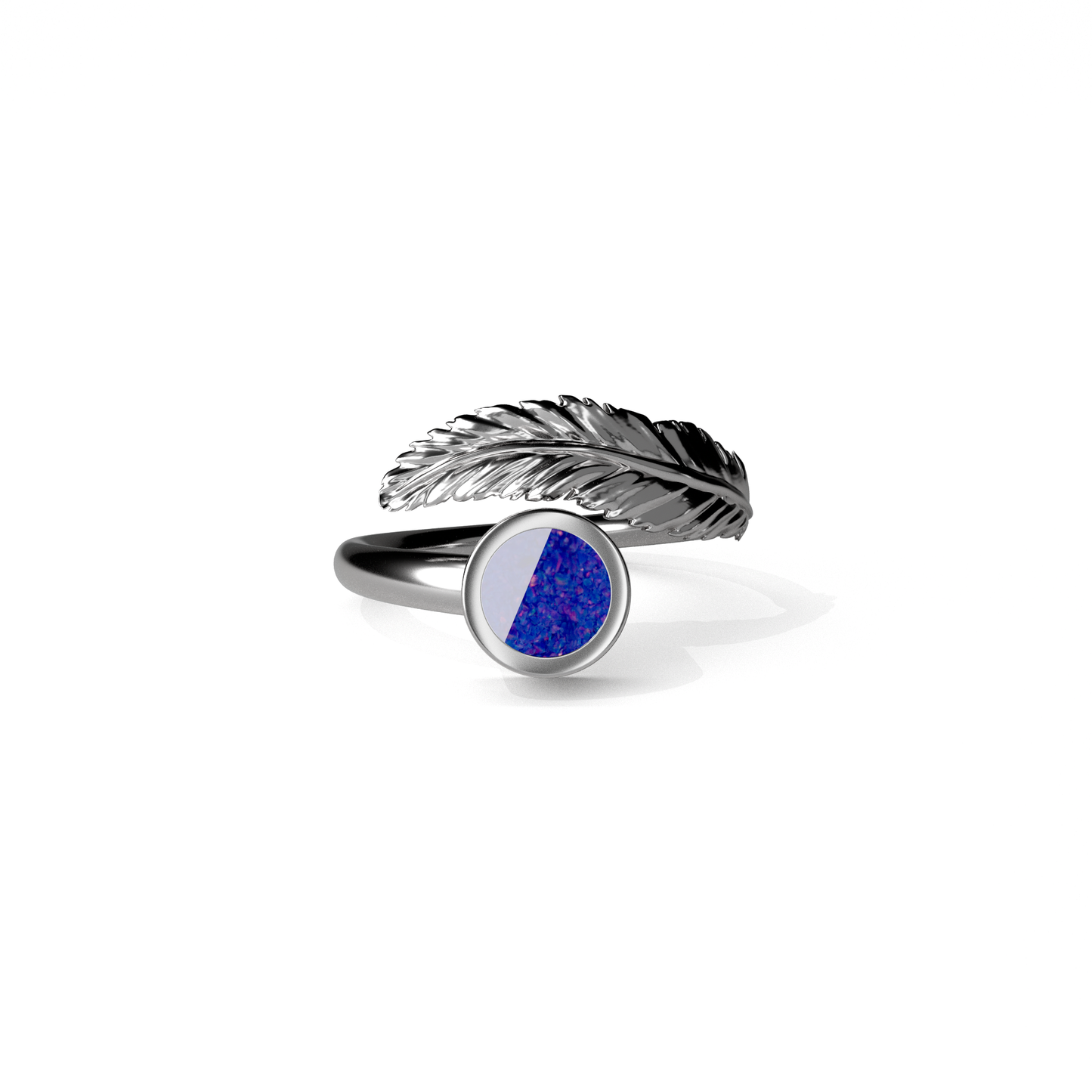 Opals & Ashes Angel Feather Memorial Ring Silver. Ashes blended with Royal Blue Opals.