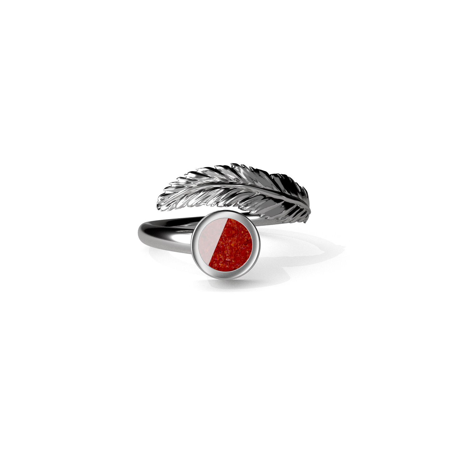 Opals & Ashes Angel Feather Memorial Ring Silver. Ashes blended with Ruby Red Opals.