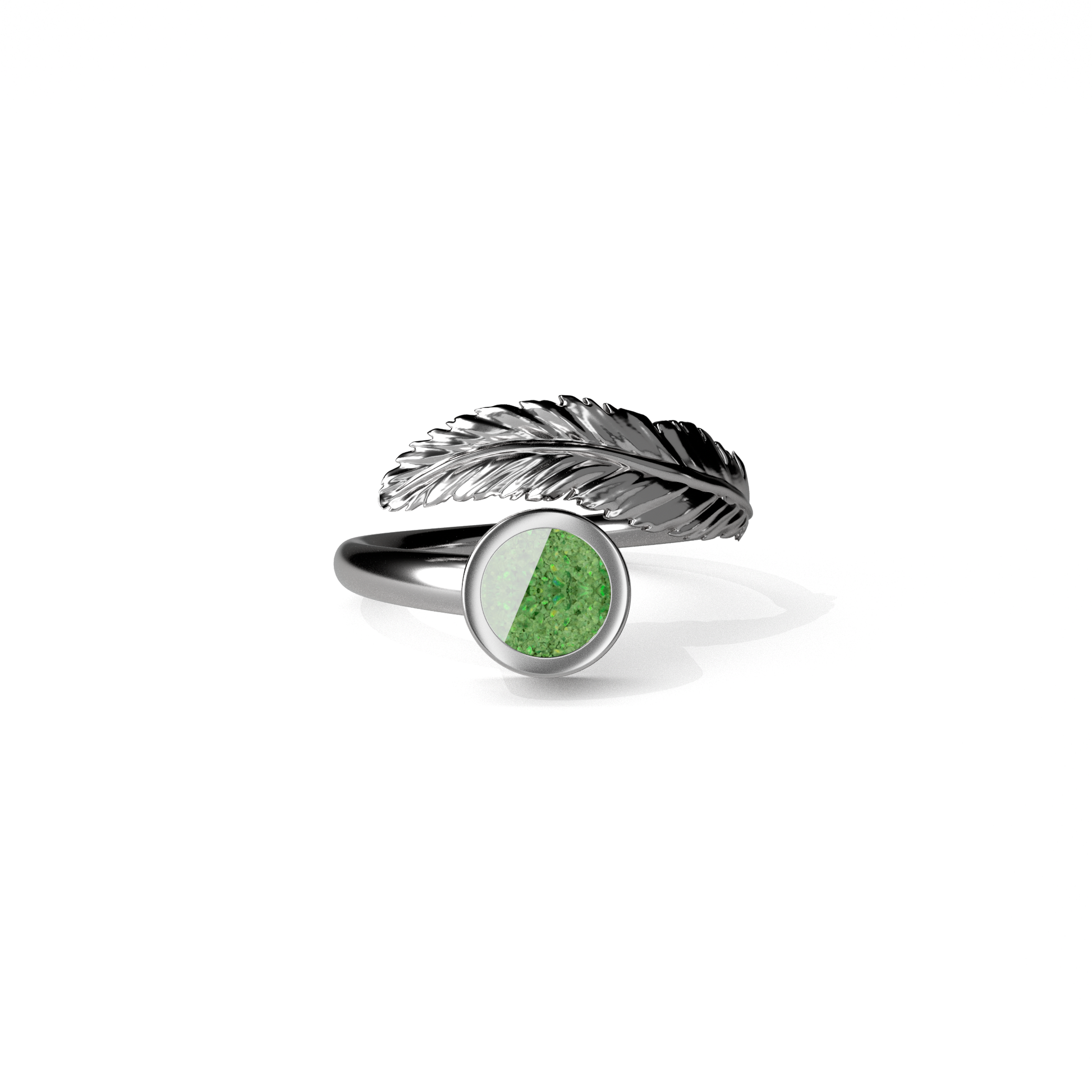 Opals & Ashes Angel Feather Memorial Ring Silver. Ashes blended with Spring Green Opals.