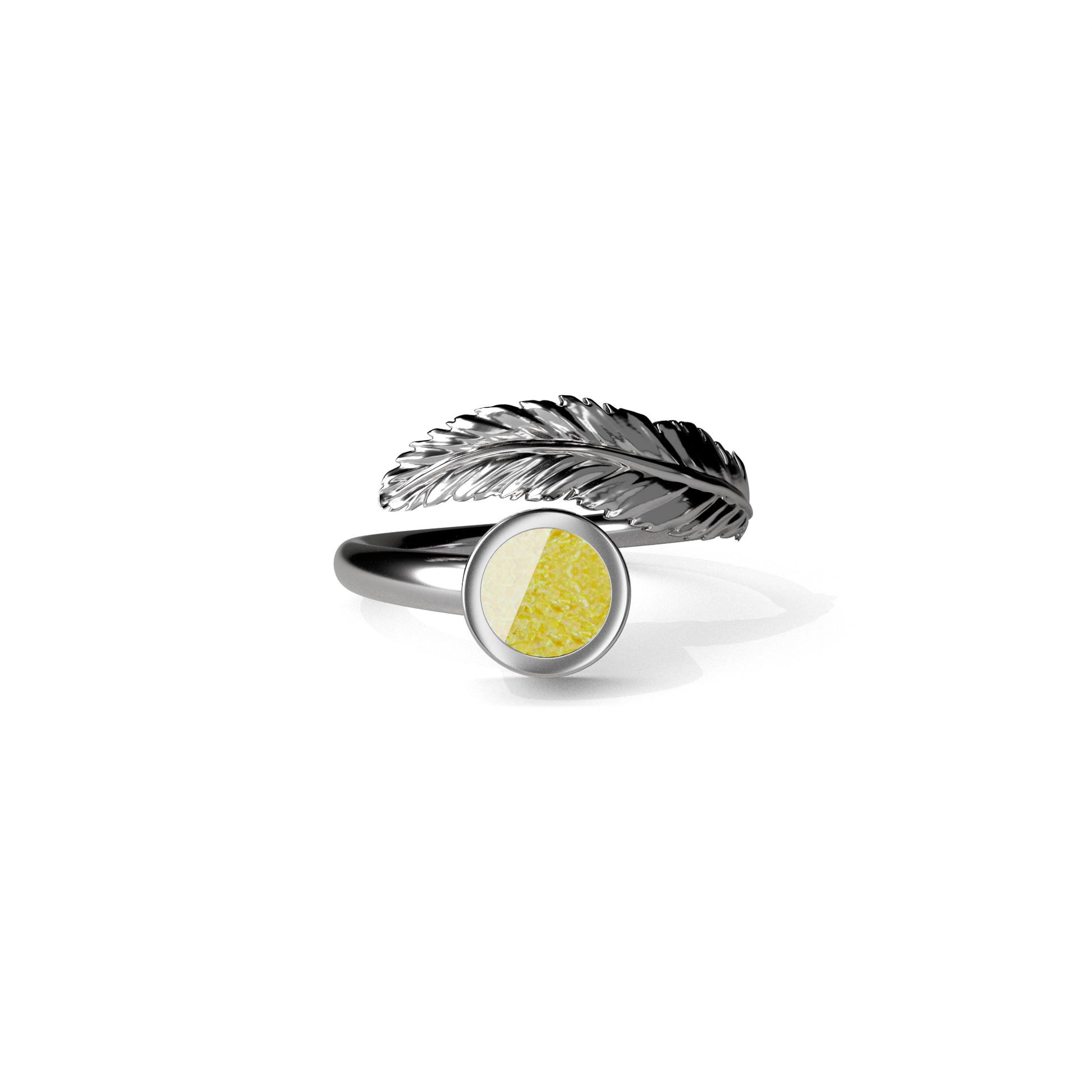 Opals & Ashes Angel Feather Memorial Ring Silver. Ashes blended with Summer Yellow Opals.