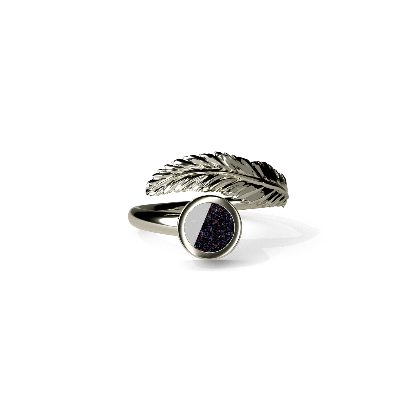 Opals & Ashes Angel Feather Memorial Ring 9ct White Gold. Ashes blended with Black Fire Opals.