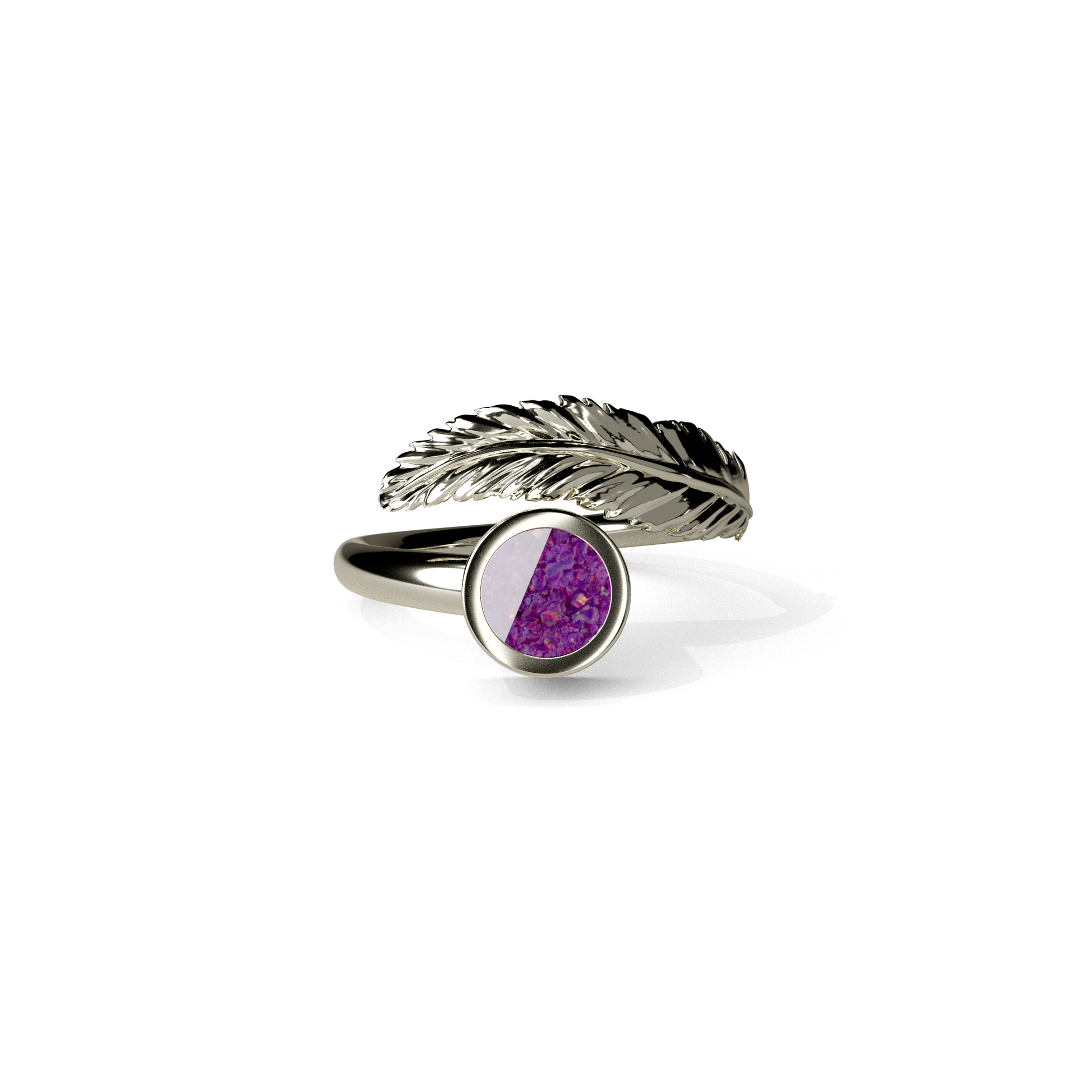 Opals & Ashes Angel Feather Memorial Ring 9ct White Gold. Ashes blended with Lavender Opals.