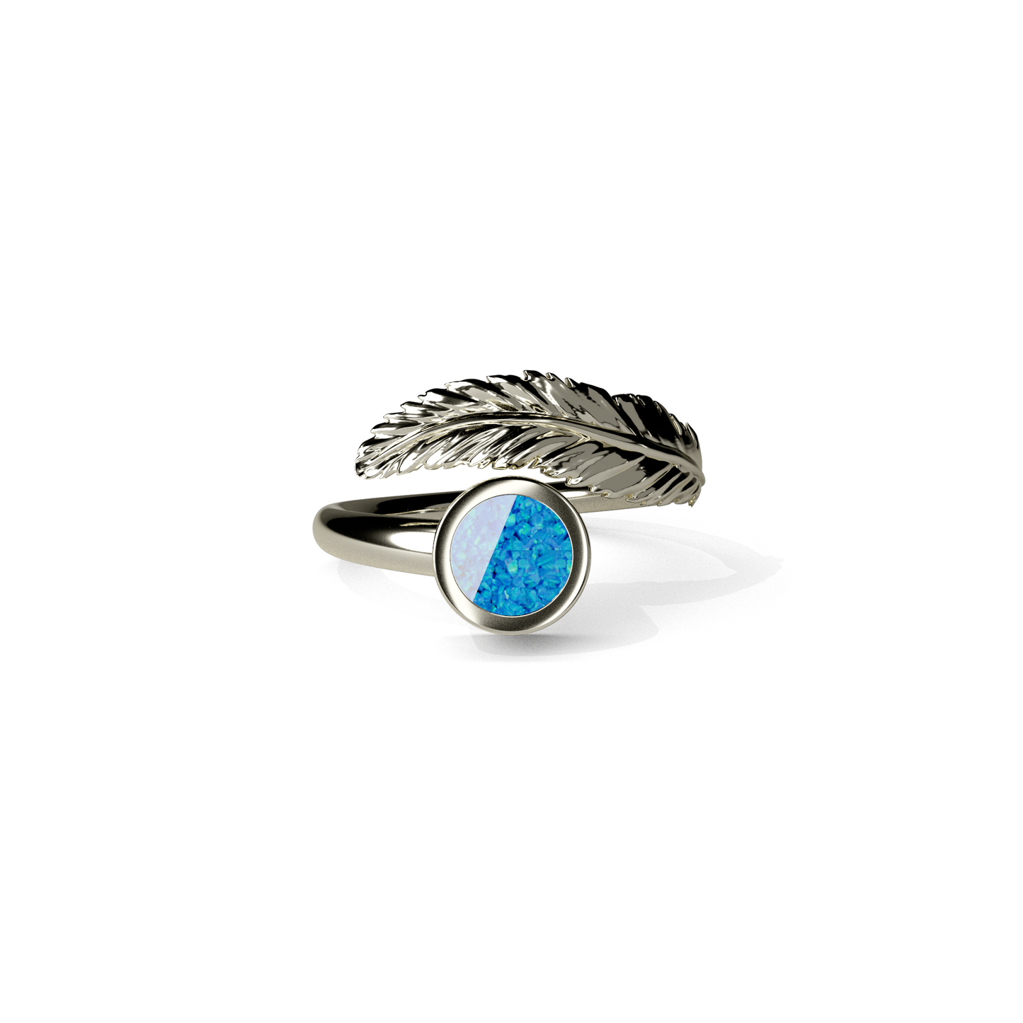 Opals & Ashes Angel Feather Memorial Ring 9ct White Gold. Ashes blended with Pacific Blue Opals.