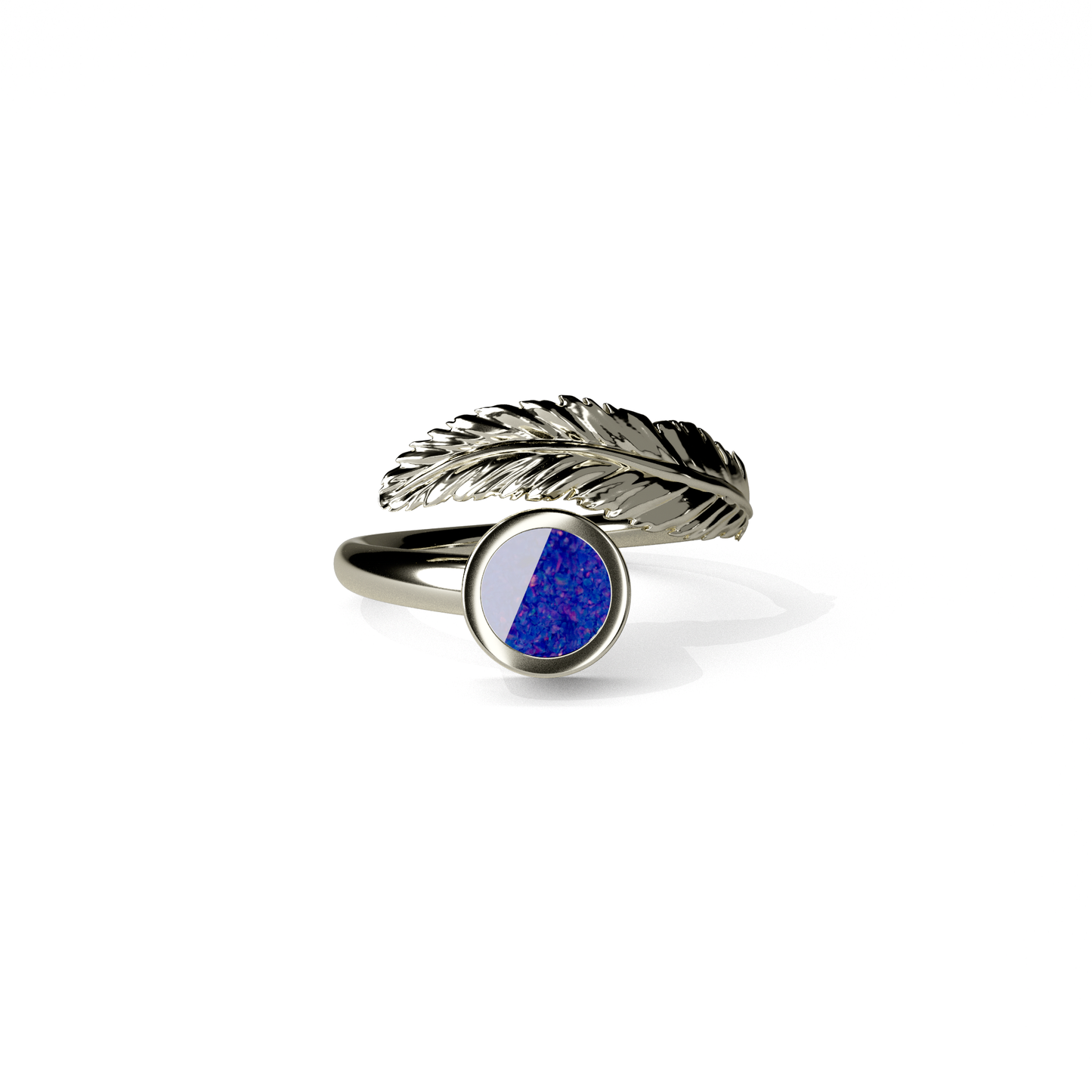 Opals & Ashes Angel Feather Memorial Ring 9ct White Gold. Ashes blended with Royal Blue Opals.