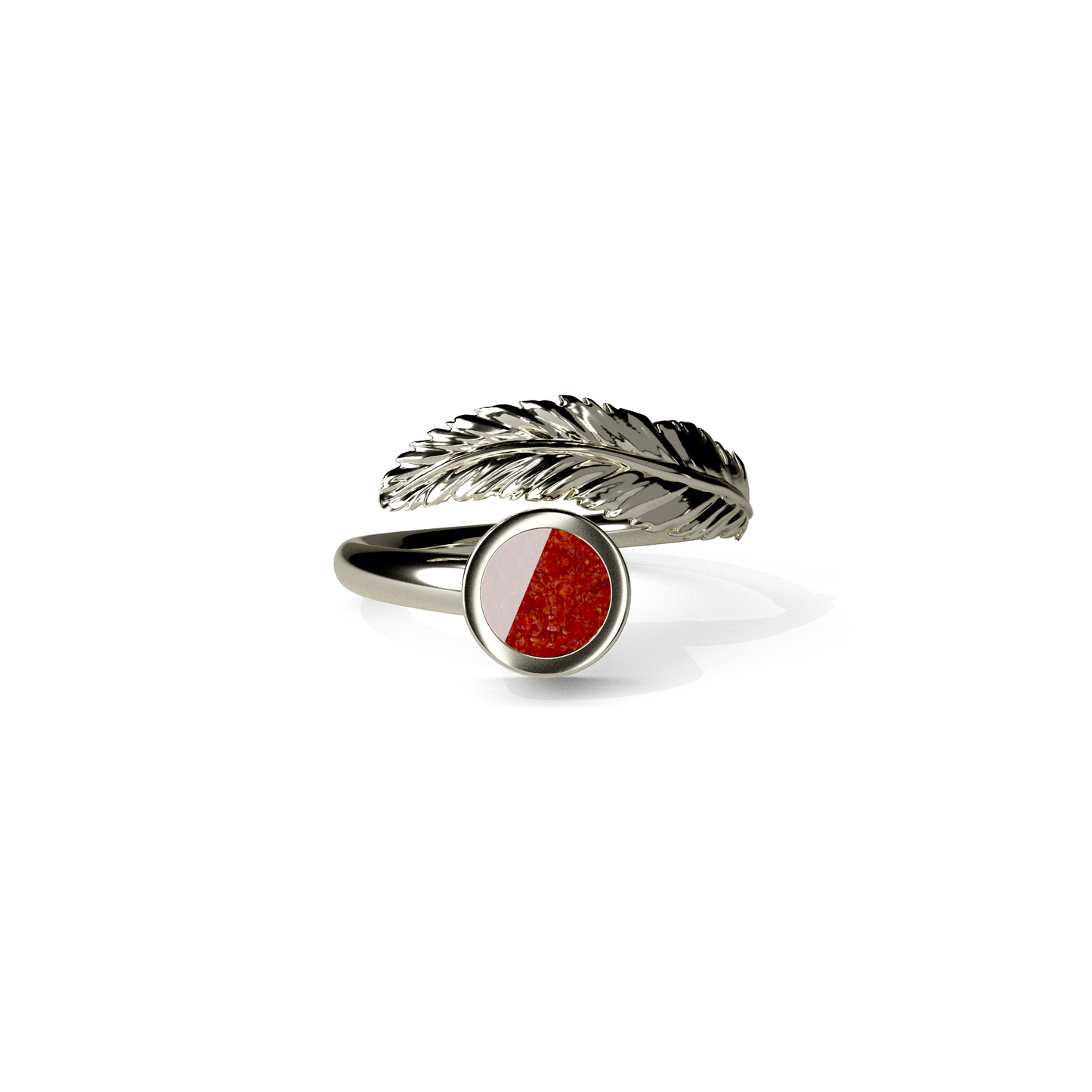 Opals. Opals & Ashes Angel Feather Memorial Ring 9ct White Gold. Ashes blended with Ruby Red Opals.