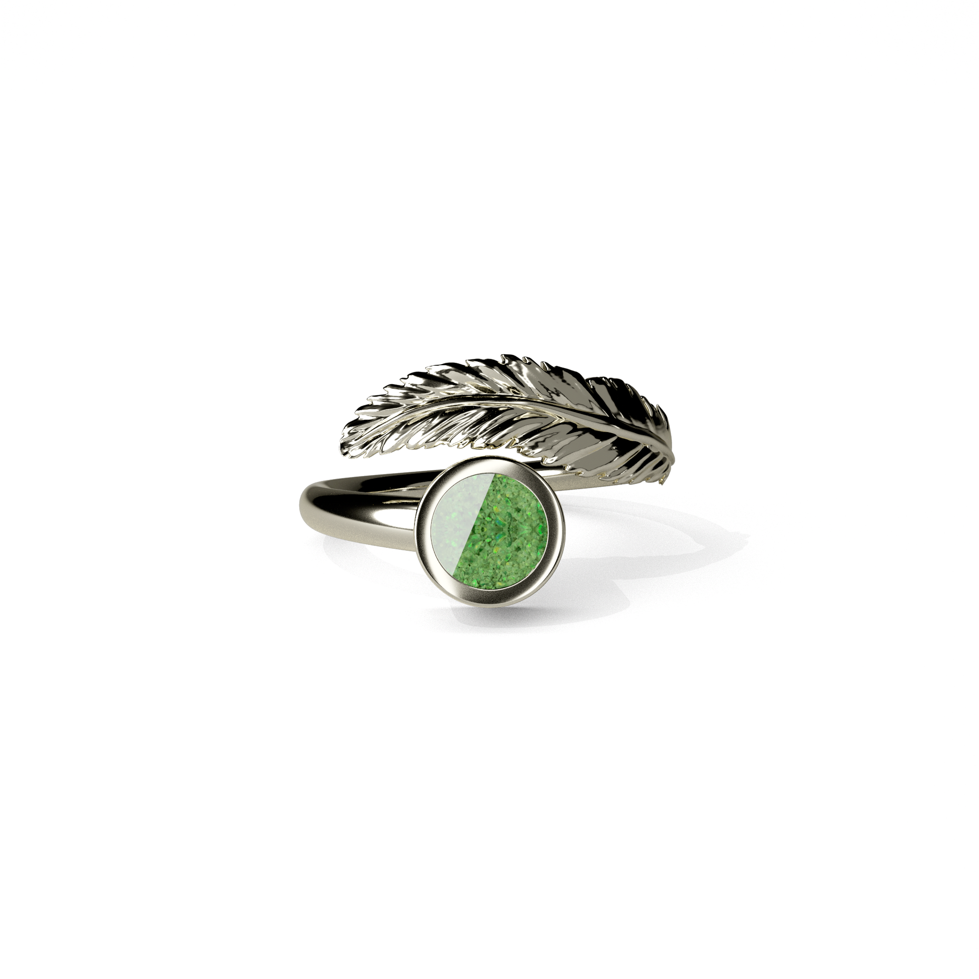 Opals & Ashes Angel Feather Memorial Ring 9ct White Gold. Ashes blended with Spring Green Opals.