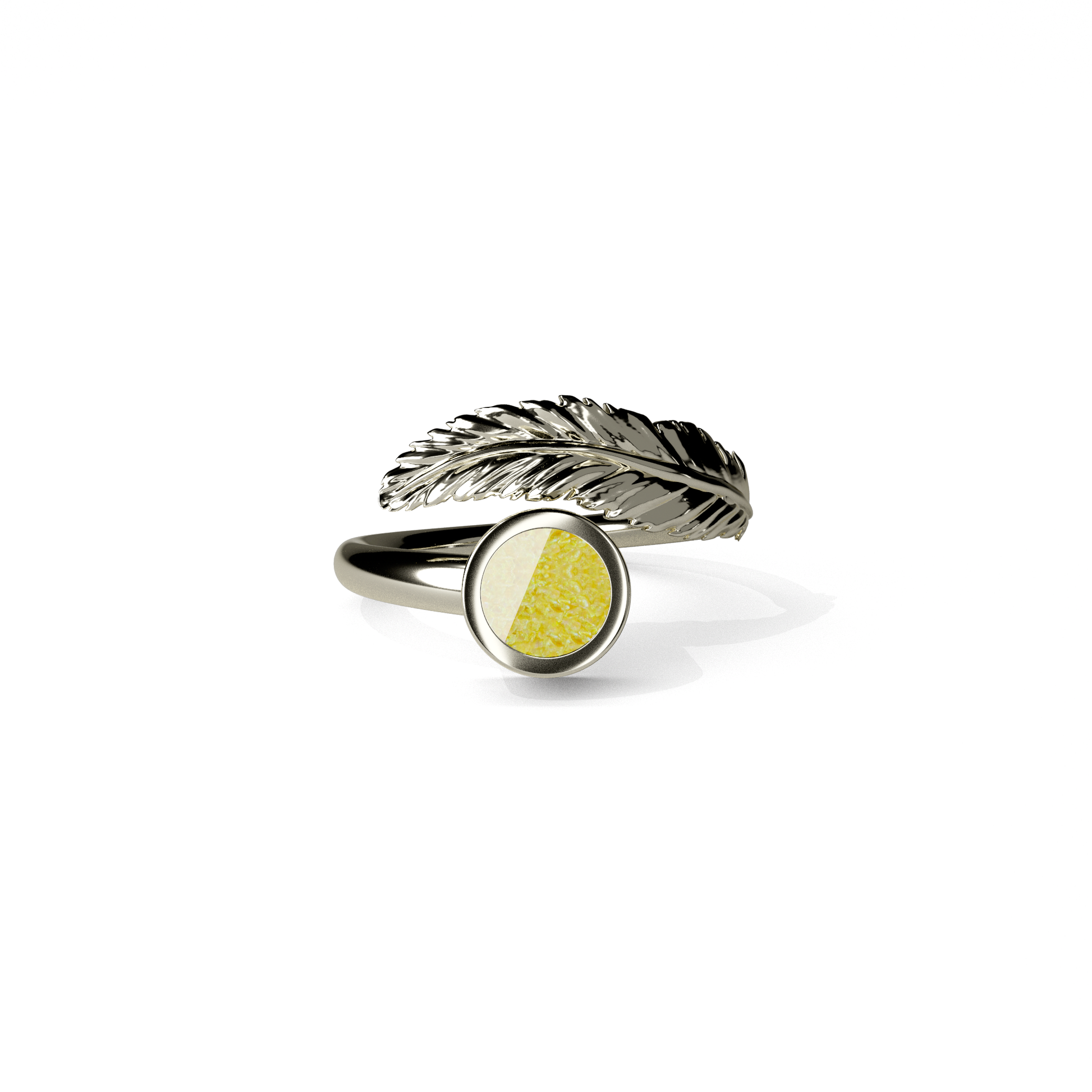 Opals & Ashes Angel Feather Memorial Ring 9ct White Gold. Ashes blended with Summer Yellow Opals.