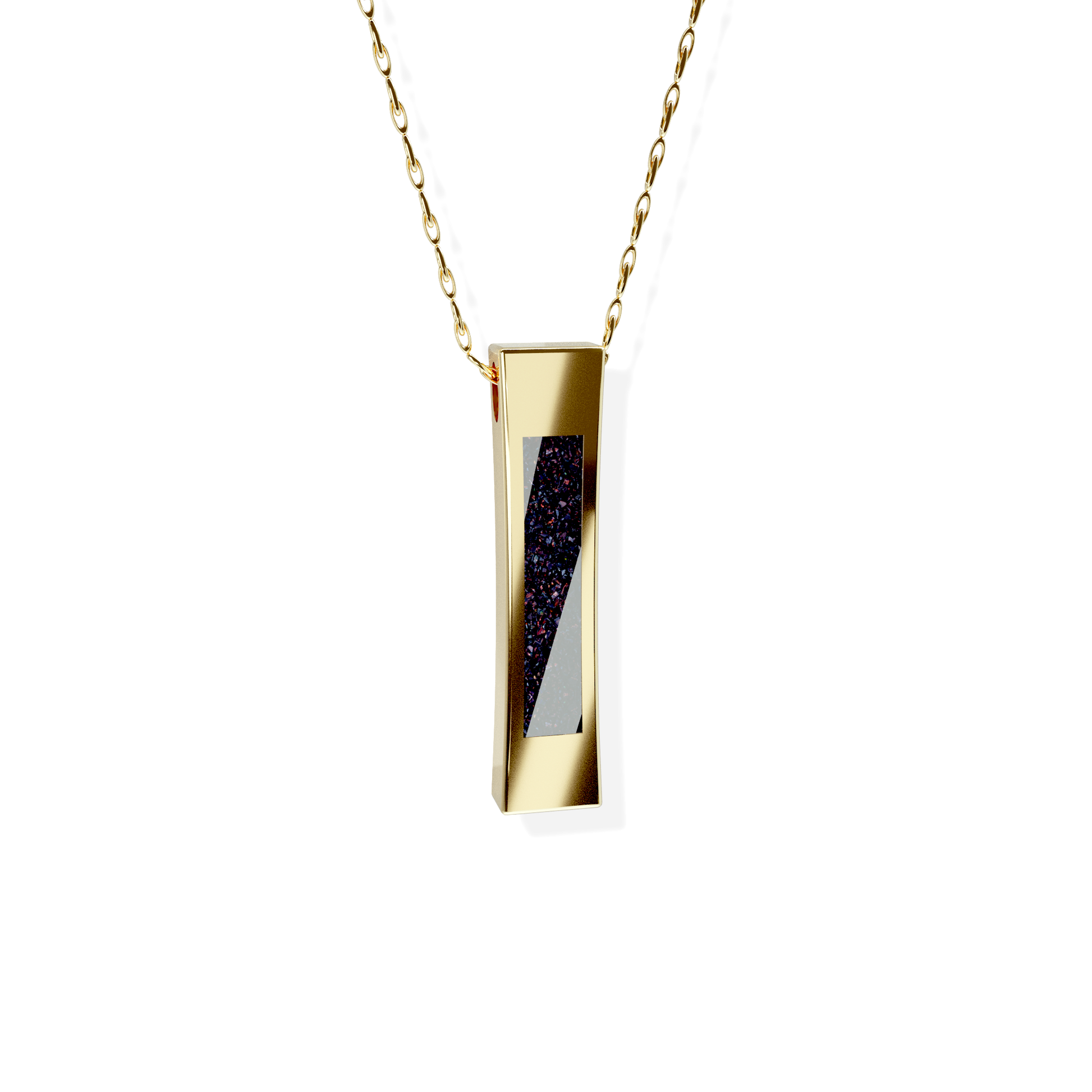 Opals & Ashes Bar Unisex Memorial Pendant 9ct Yellow Gold. Ashes blended with Black Fire Opals.