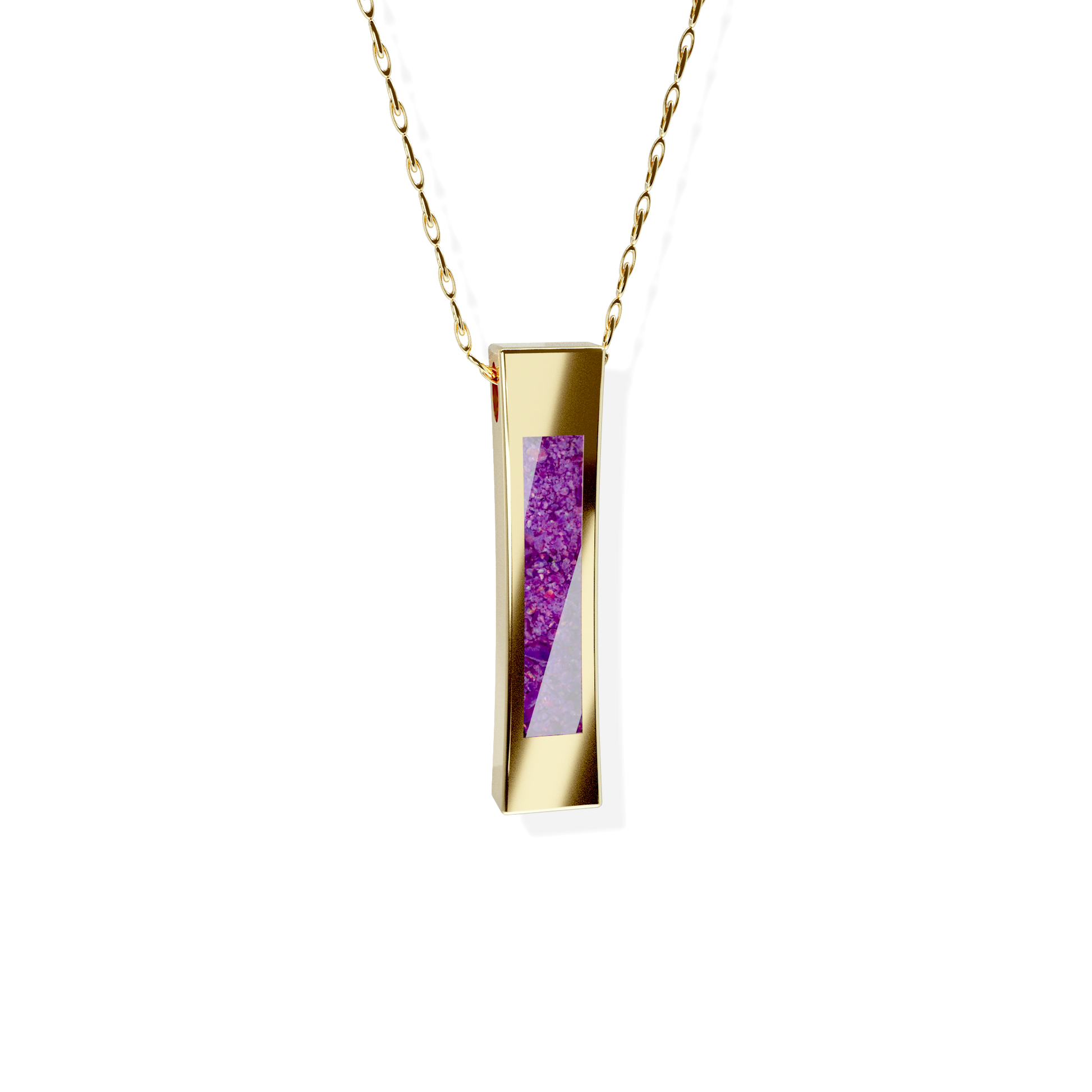 Opals & Ashes Bar Unisex Memorial Pendant 9ct Yellow Gold. Ashes blended with Lavender Opals.