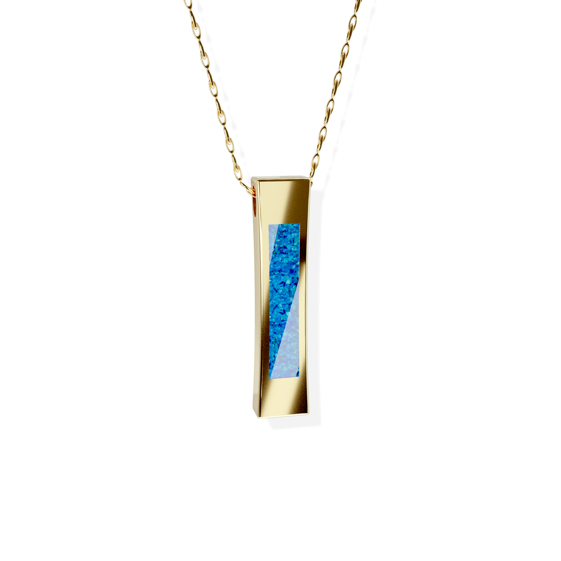 Opals & Ashes Bar Unisex Memorial Pendant 9ct Yellow Gold. Ashes blended with Pacific Blue Opals.