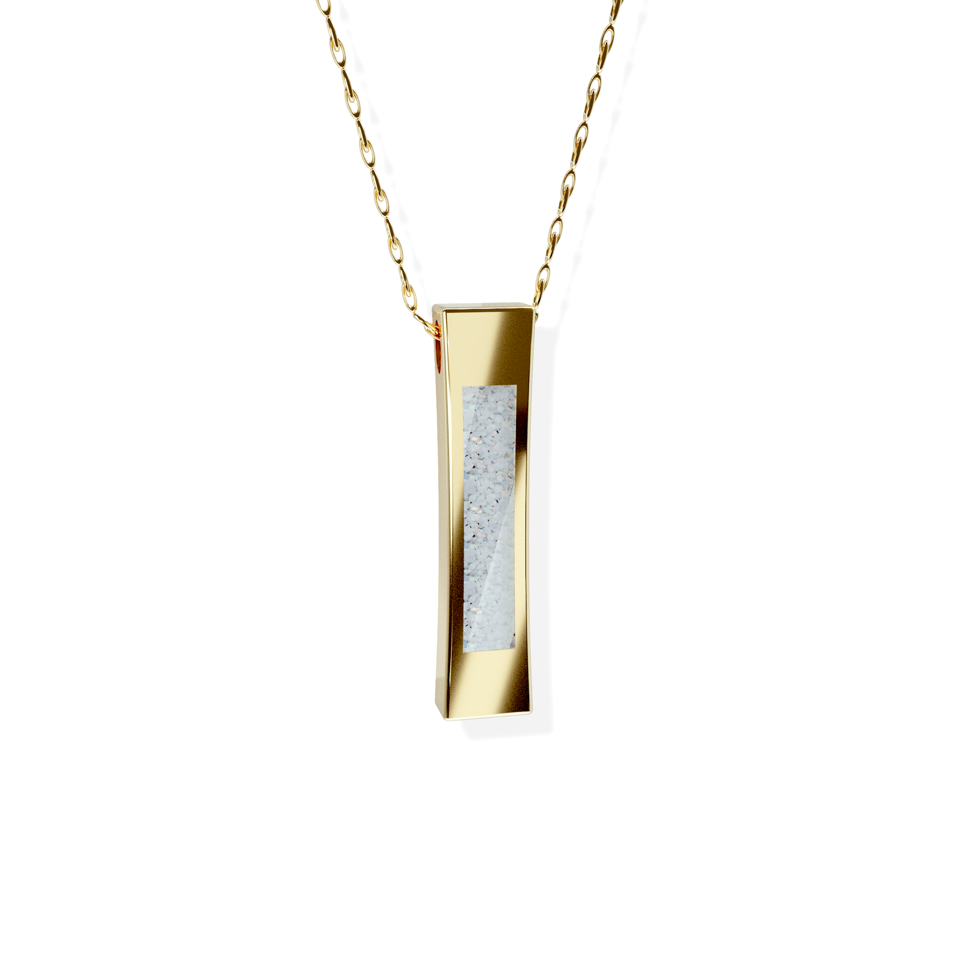 Opals & Ashes Bar Unisex Memorial Pendant 9ct Yellow Gold. Ashes blended with Pearl White Opals.