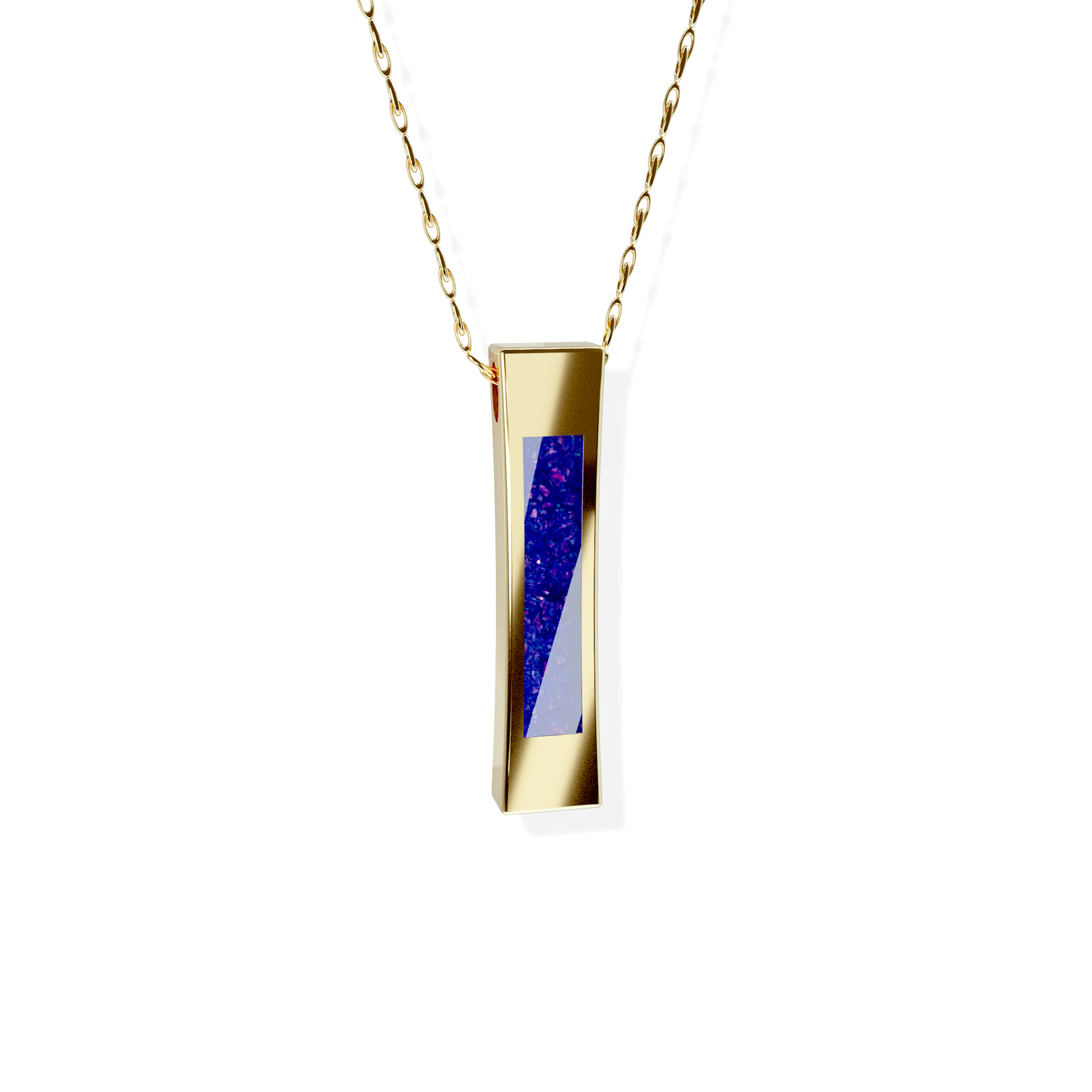 Opals & Ashes Bar Unisex Memorial Pendant 9ct Yellow Gold. Ashes blended with Royal Blue Opals.