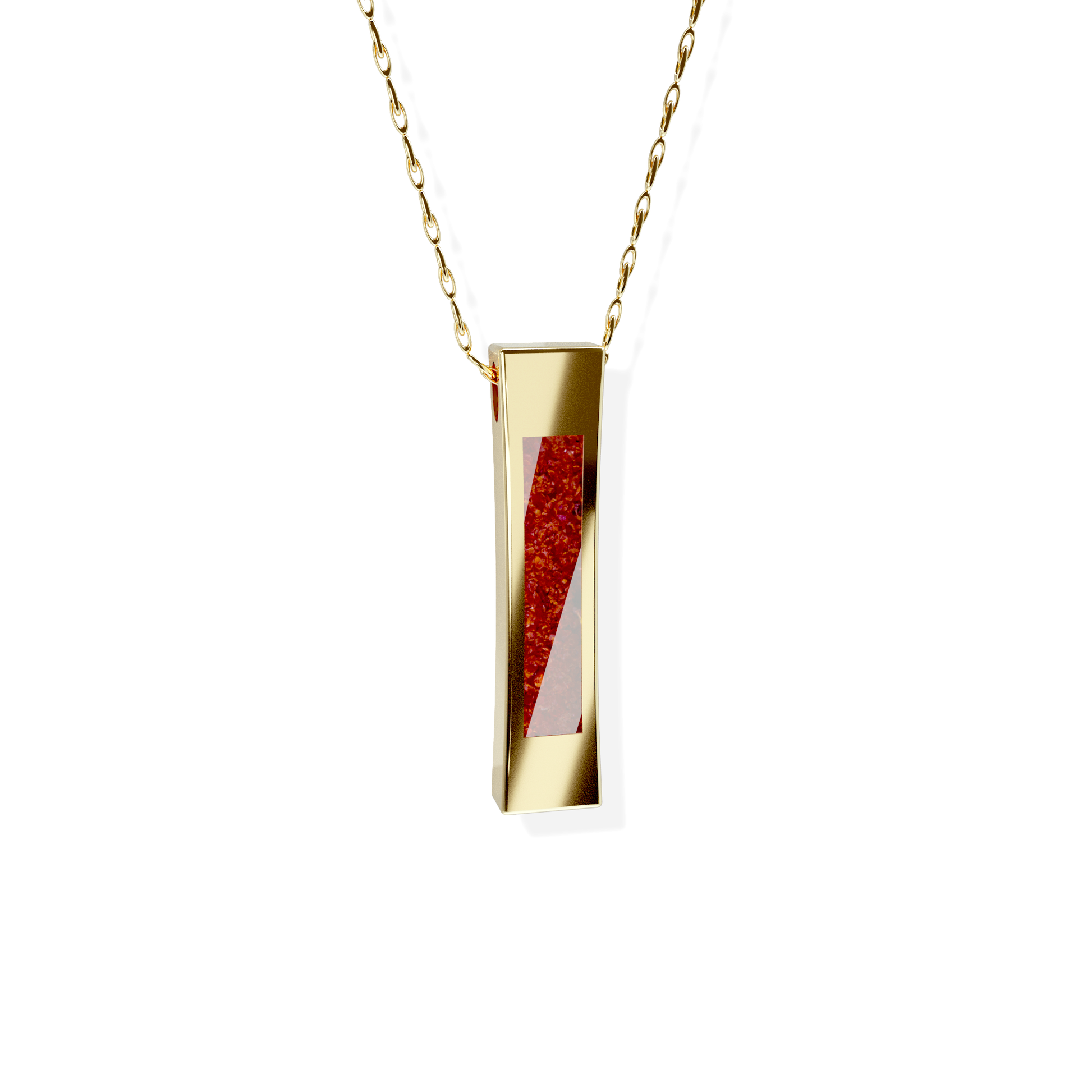 Opals & Ashes Bar Unisex Memorial Pendant 9ct Yellow Gold. Ashes blended with Ruby Red Opals.