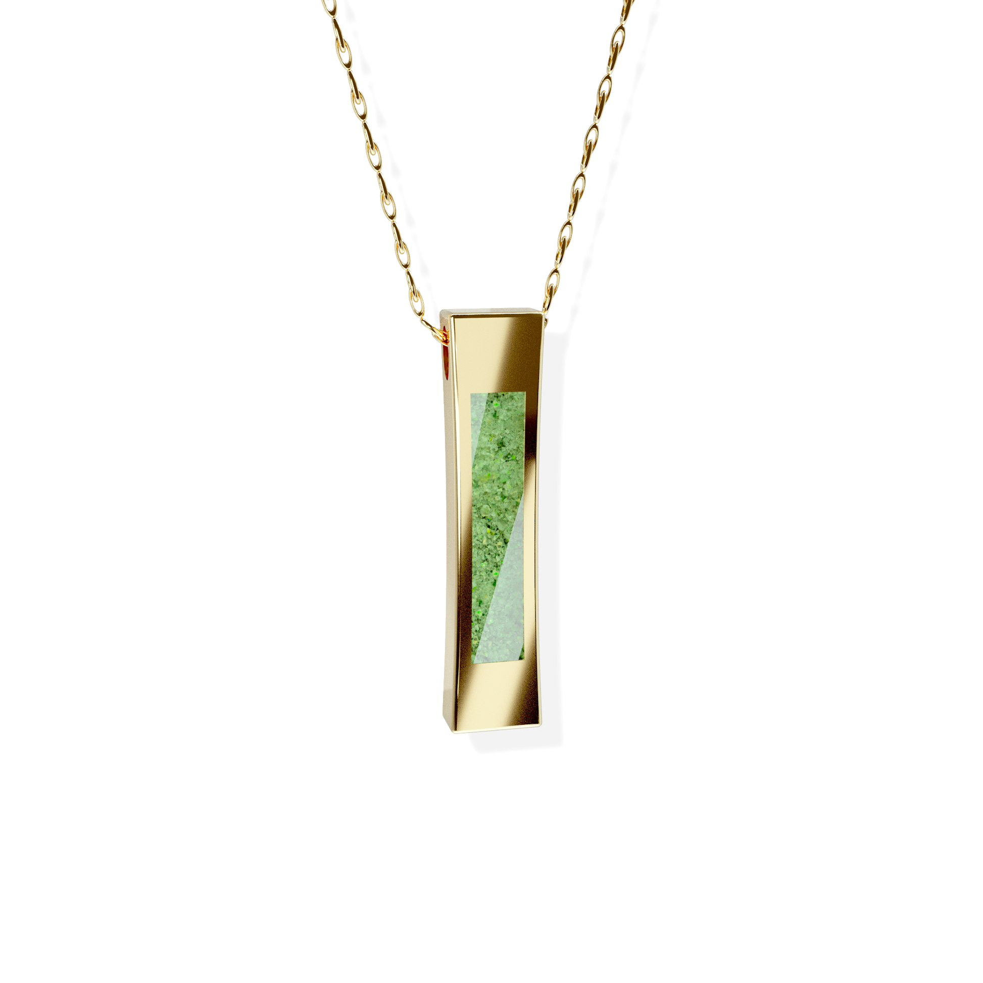 Opals & Ashes Bar Unisex Memorial Pendant 9ct Yellow Gold. Ashes blended with Spring Green Opals.