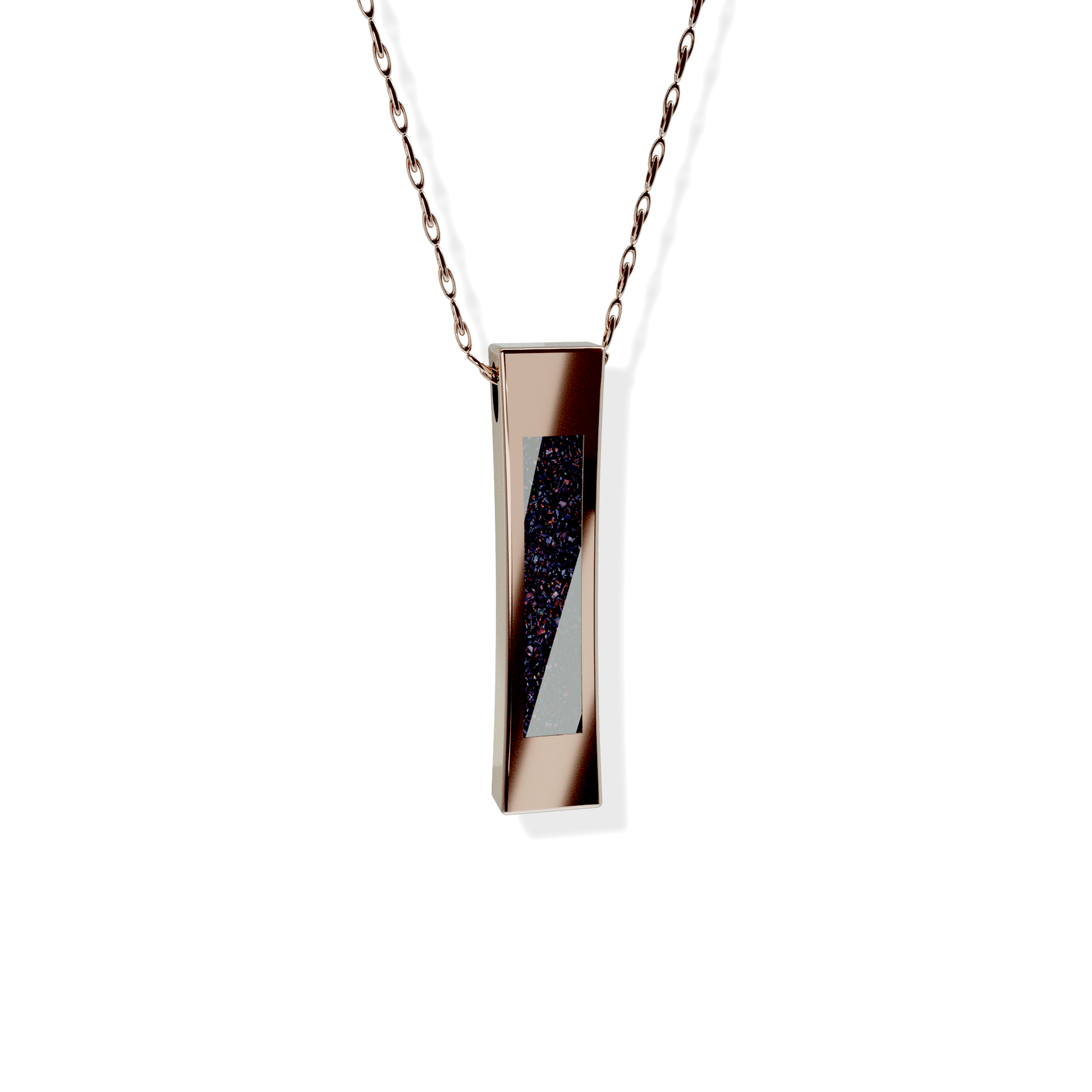 Opals & Ashes Bar Unisex Memorial Pendant 9ct Rose Gold. Ashes blended with Black Fire Opals.