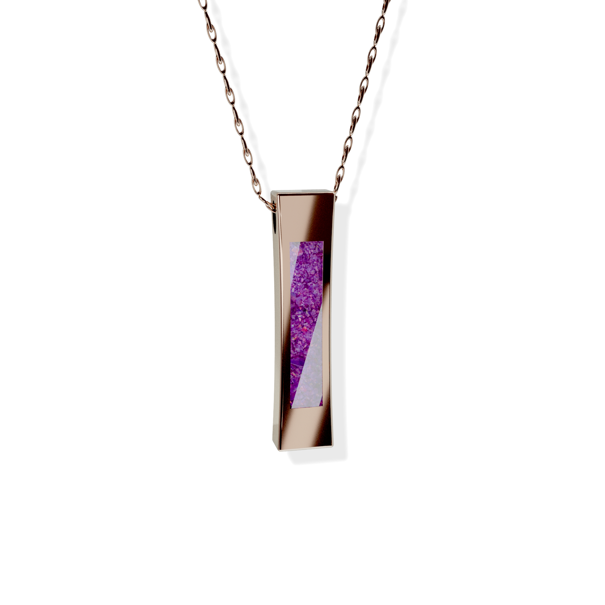 Opals & Ashes Bar Unisex Memorial Pendant 9ct Rose Gold. Ashes blended with Lavender Opals.