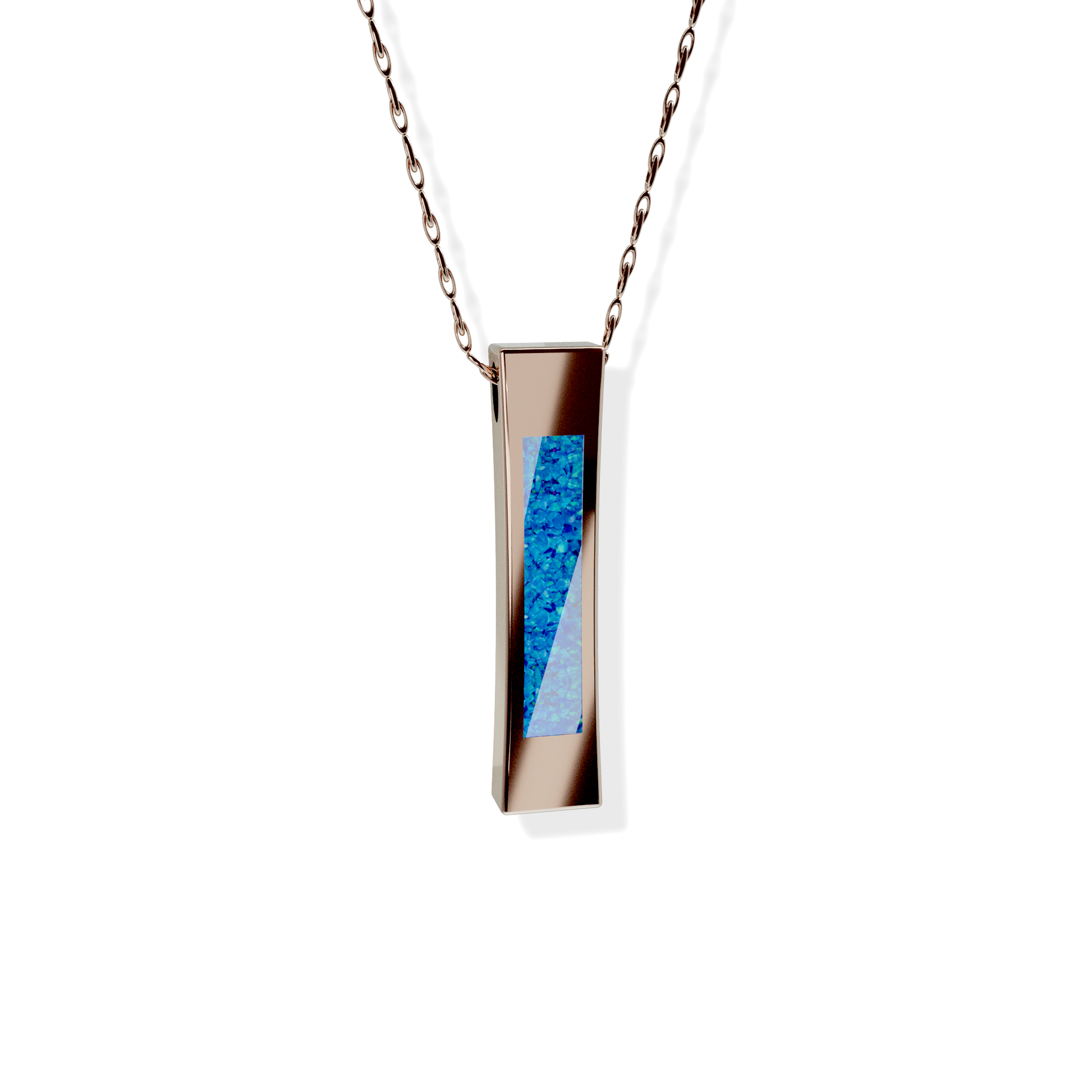 Opals & Ashes Bar Unisex Memorial Pendant 9ct Rose Gold. Ashes blended with Pacific Blue Opals.