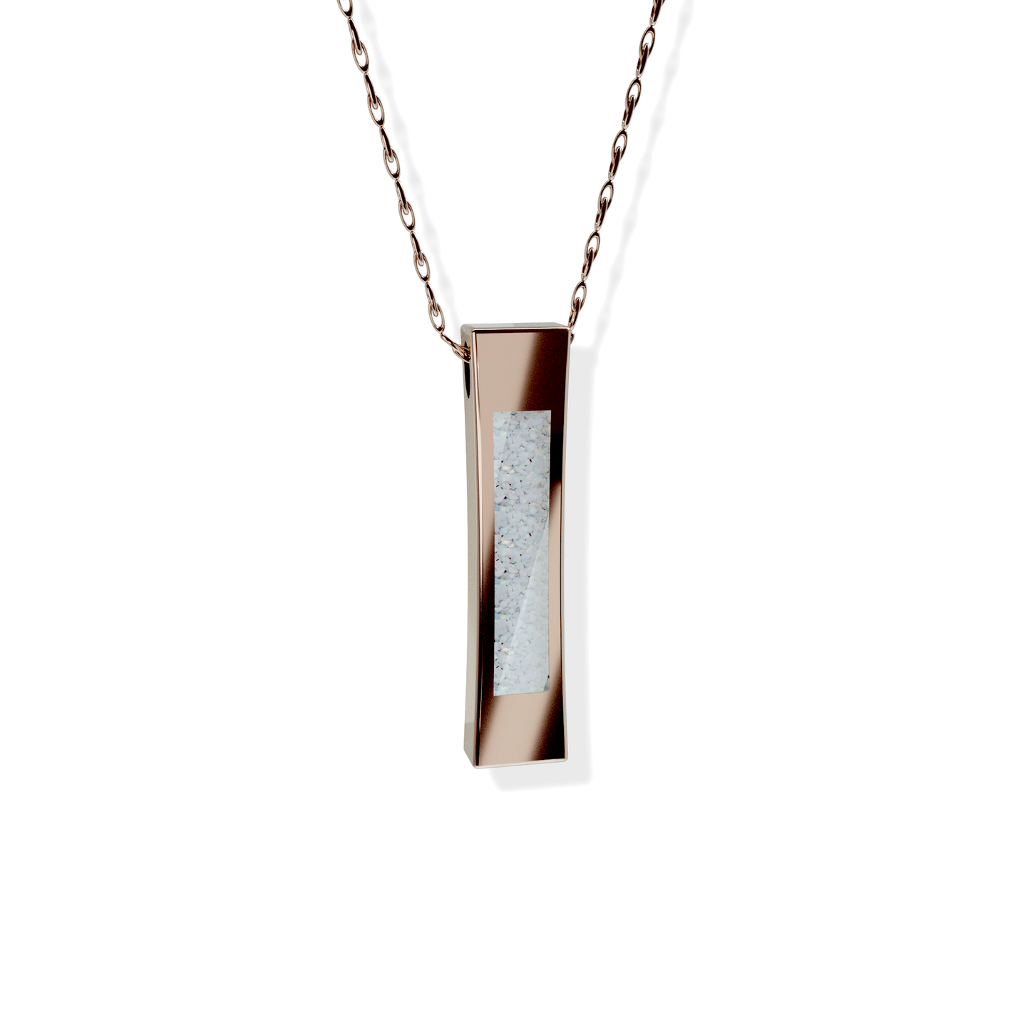 Opals & Ashes Bar Unisex Memorial Pendant 9ct Rose Gold. Ashes blended with Pearl White Opals.