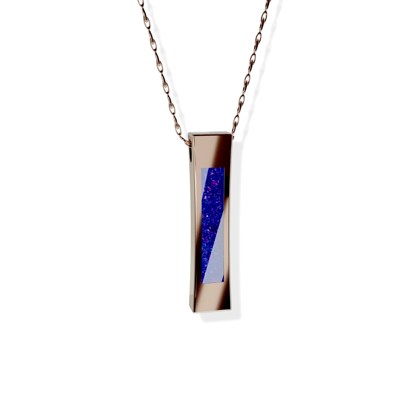 Opals & Ashes Bar Unisex Memorial Pendant 9ct Rose Gold. Ashes blended with Royal Blue Opals.