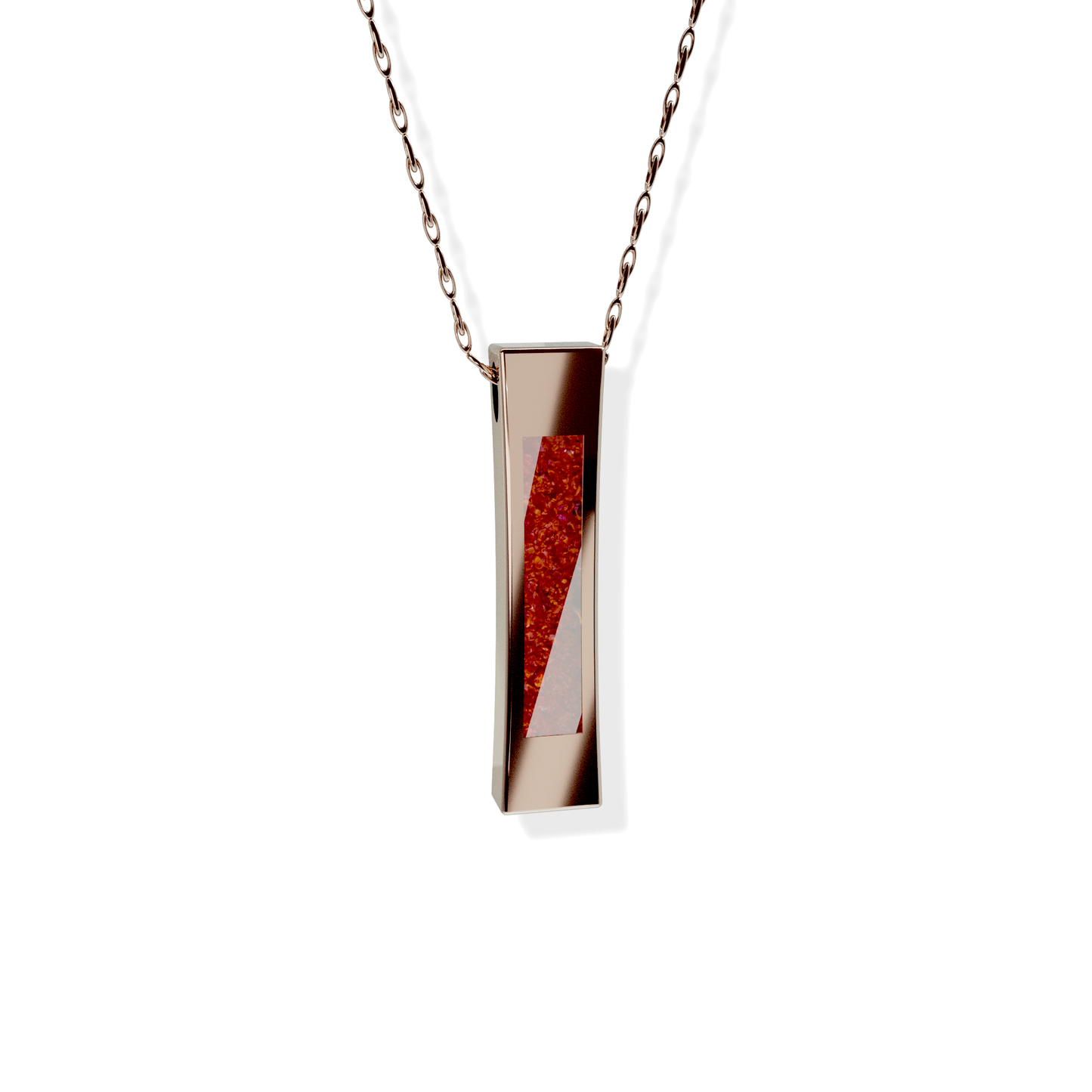 Opals & Ashes Bar Unisex Memorial Pendant 9ct Rose Gold. Ashes blended with Ruby Red Opals.