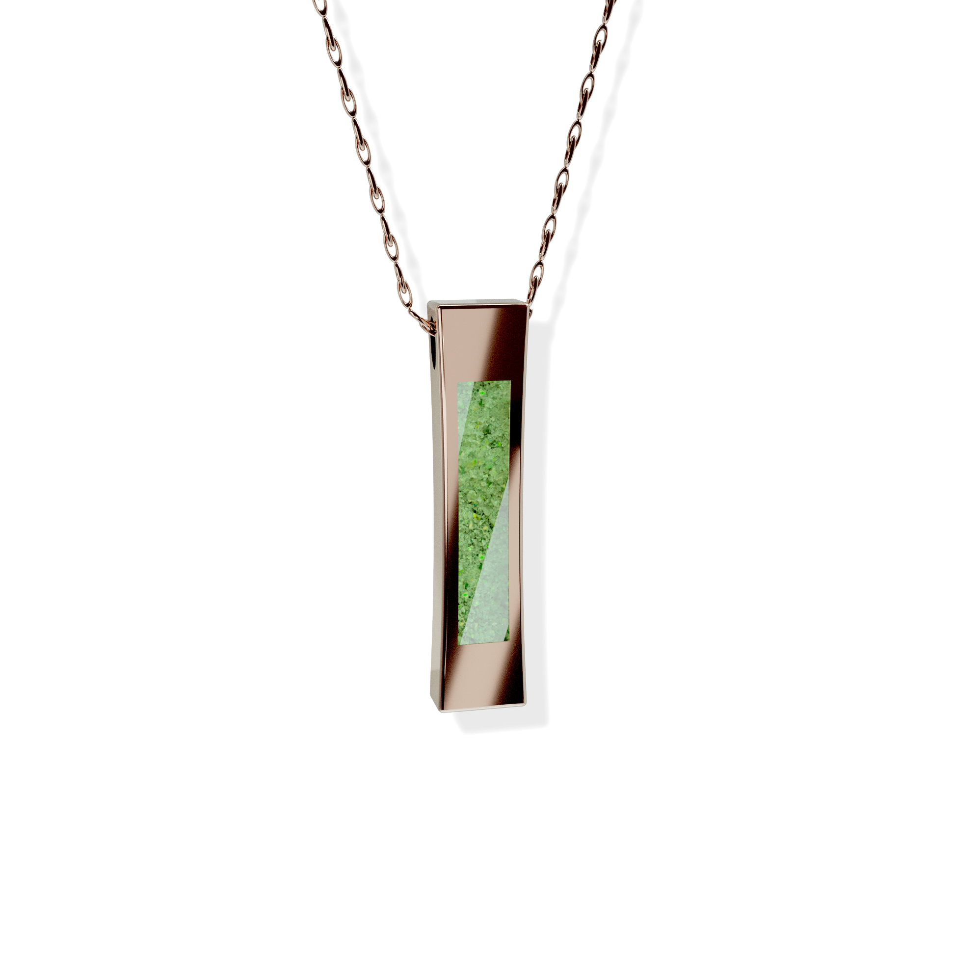 Opals & Ashes Bar Unisex Memorial Pendant 9ct Rose Gold. Ashes blended with Spring Green Opals.